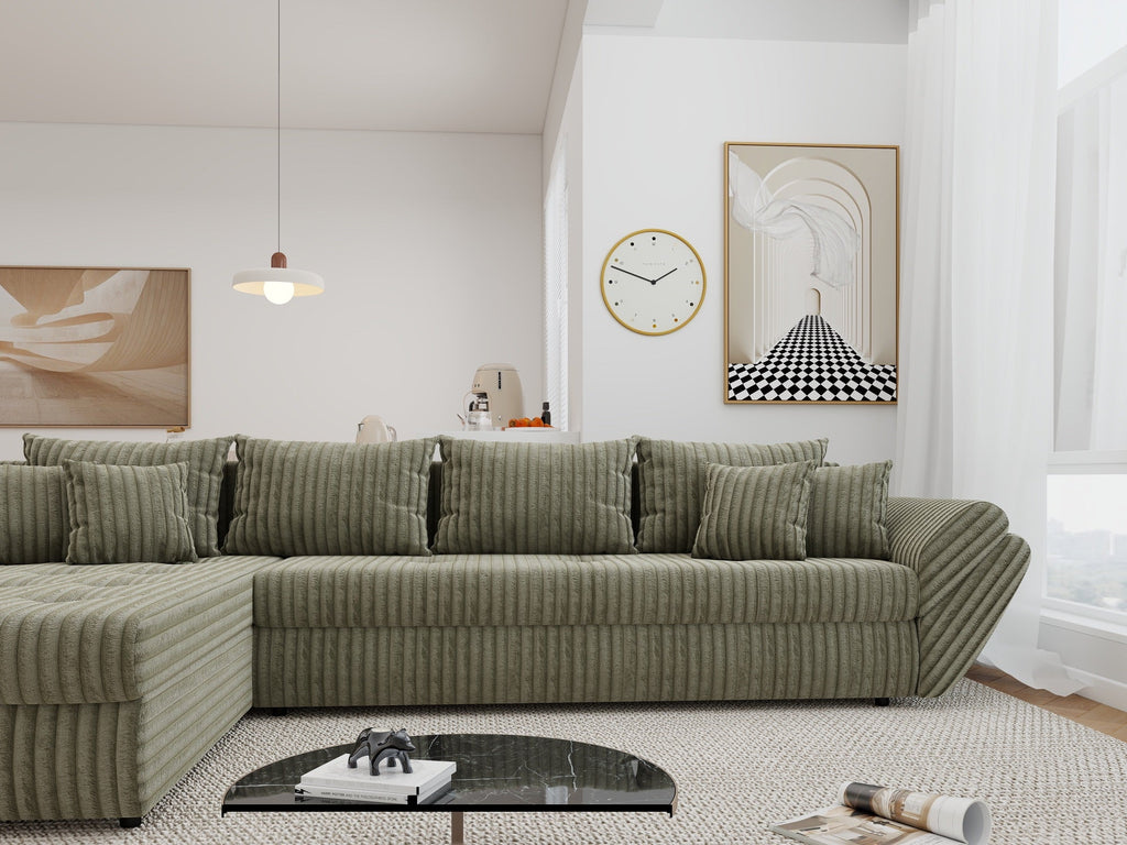 Colțar extensibil dumonde cu ladă de depozitare si sezut confortabil din spuma high-density, Loana XL Tilia Verde Olive 335x185 cm