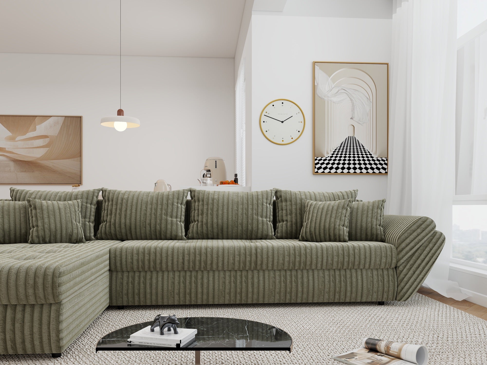 Colțar extensibil dumonde cu ladă de depozitare si sezut confortabil din spuma high-density, Loana XL Tilia Verde Olive 335x185 cm
