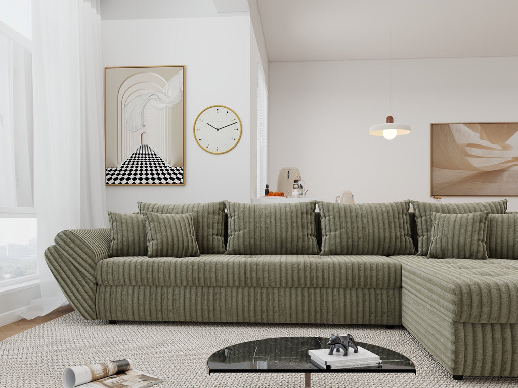 Colțar extensibil dumonde cu ladă de depozitare si sezut confortabil din spuma high-density, Loana XL Tilia Verde Olive II 335x185 cm