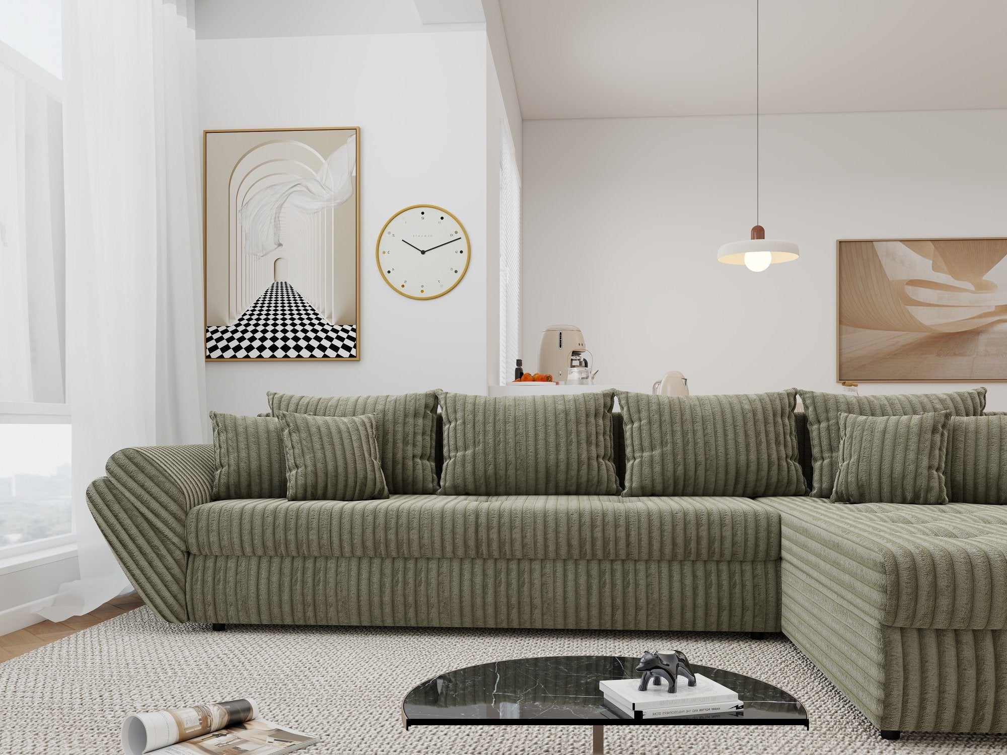 Colțar extensibil dumonde cu ladă de depozitare si sezut confortabil din spuma high-density, Loana XL Tilia Verde Olive II 335x185 cm