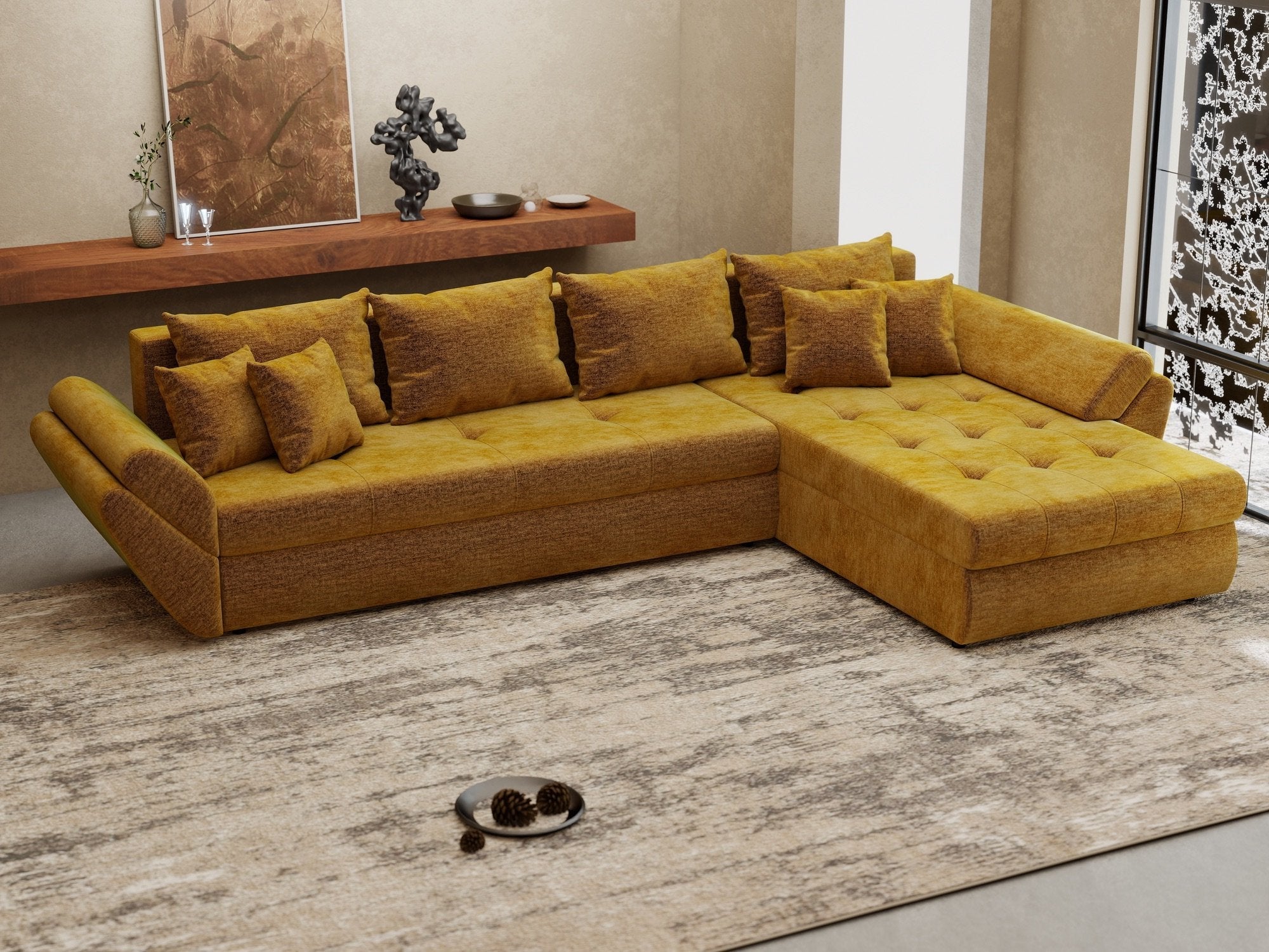 Colțar extensibil dumonde cu ladă de depozitare si sezut confortabil din spuma high-density, Loana XL Monolith Mustar II 335x185 cm