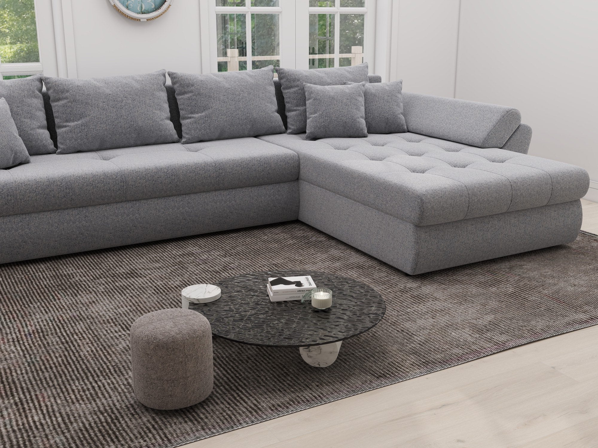 Colțar extensibil dumonde cu ladă de depozitare si sezut confortabil din spuma high-density, Loana XL Monte Gri 84 II 335x185 cm