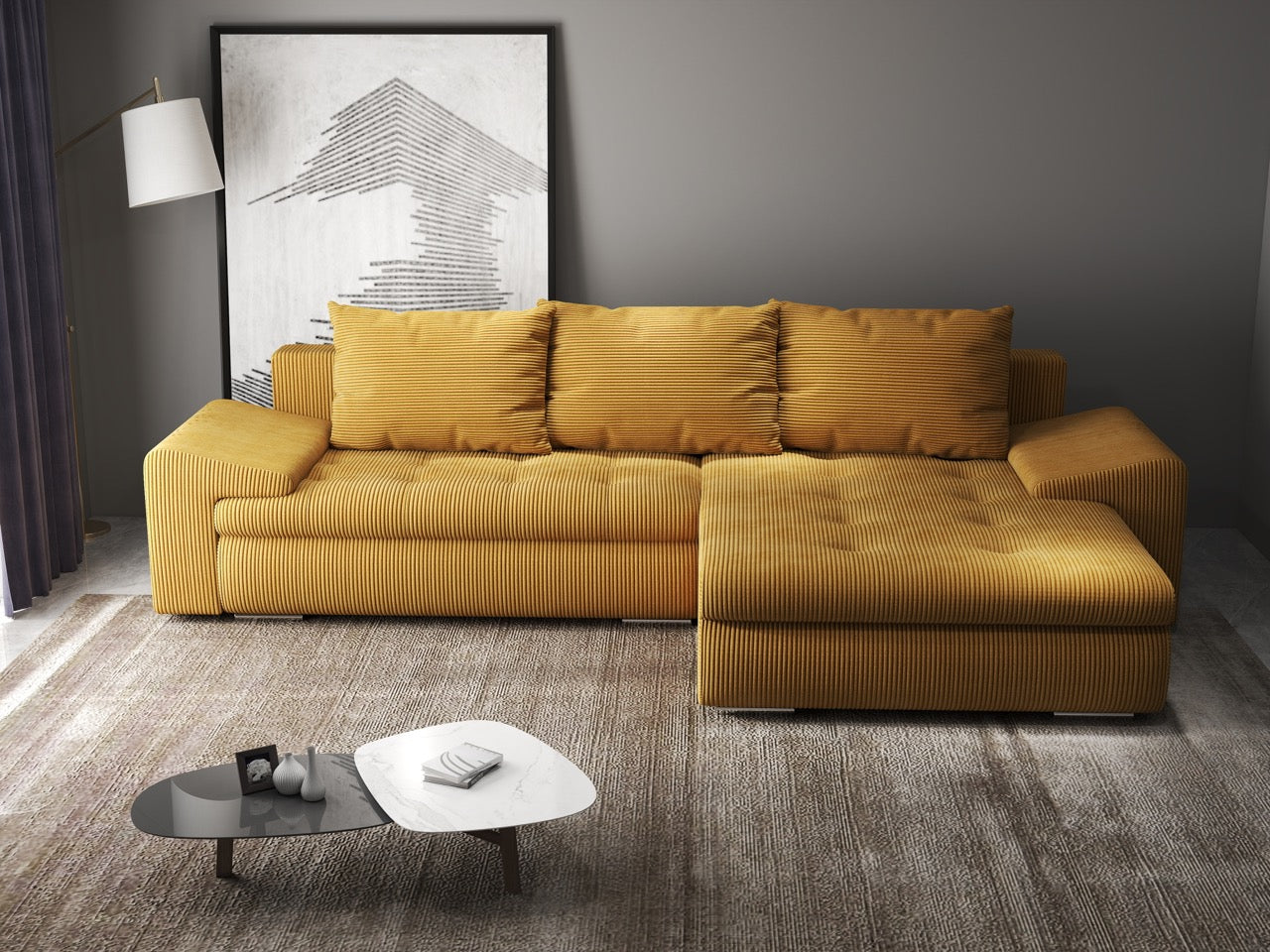 Colțar extensibil dumonde cu ladă de depozitare si sezut confortabil din spuma high-density, Leonardo Zoom Mustar 260x185 cm II