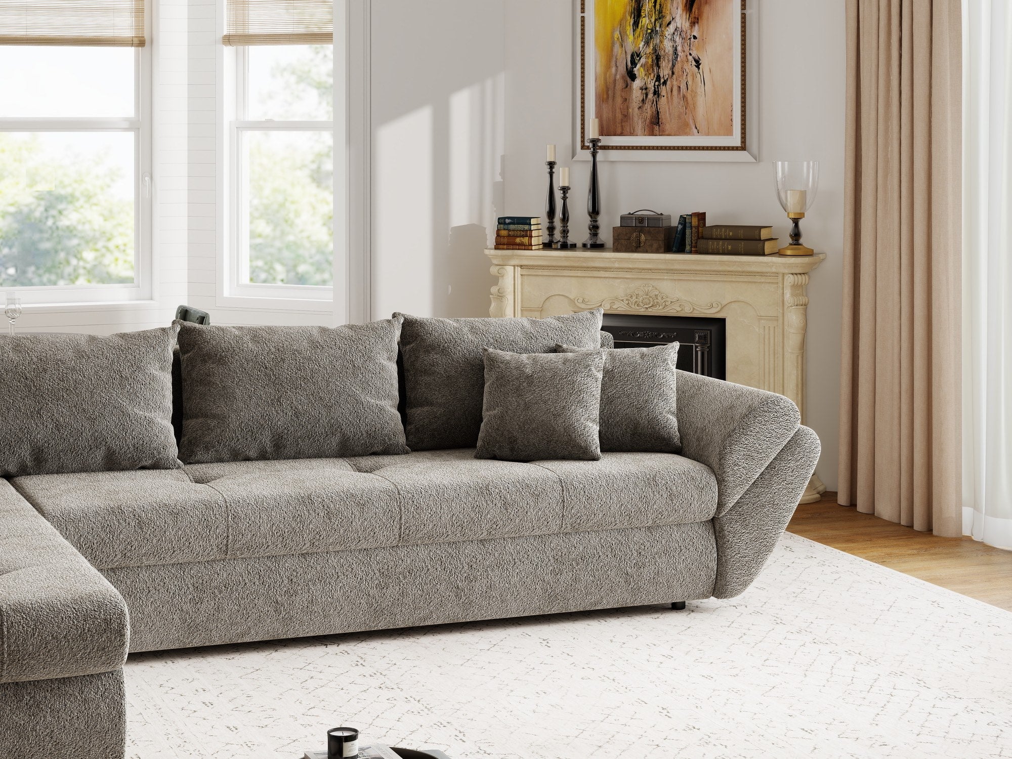Colțar extensibil dumonde cu ladă de depozitare si sezut confortabil din spuma high-density, Loana XL Arena Taupe 335x185 cm