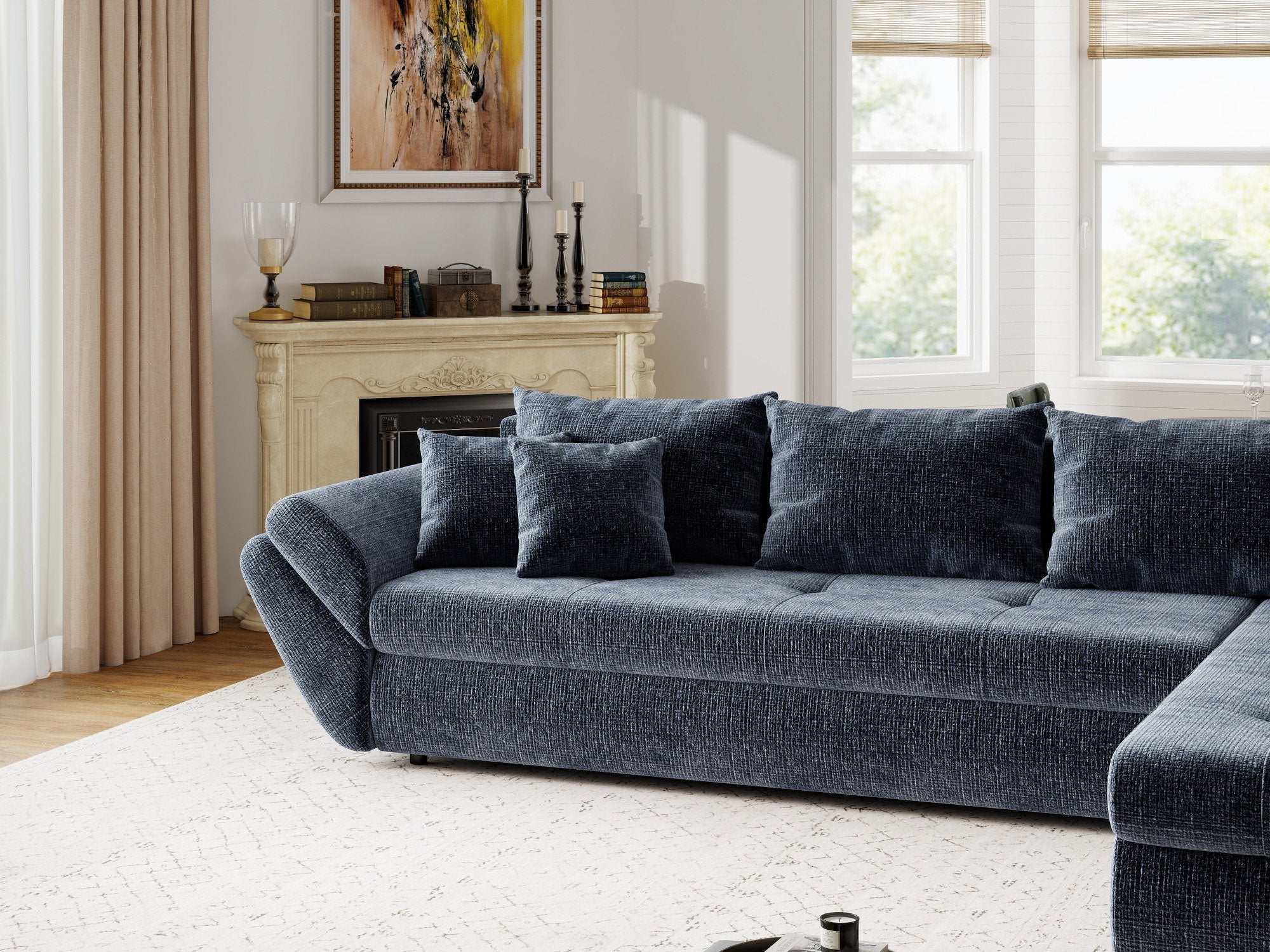 Colțar extensibil dumonde cu ladă de depozitare si sezut confortabil din spuma high-density, Loana XL Cremona Albastru II 335x185 cm