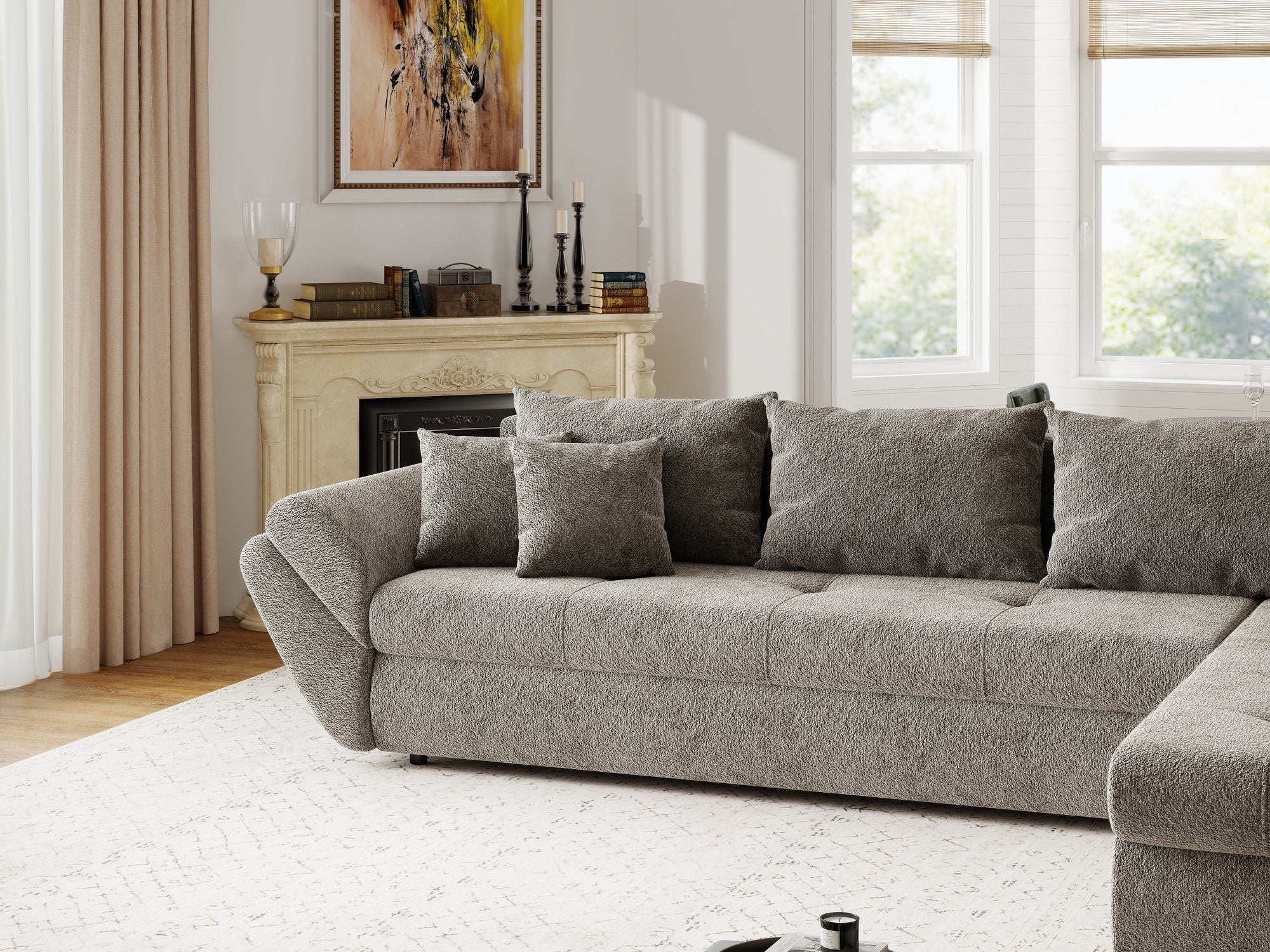 Colțar extensibil dumonde cu ladă de depozitare si sezut confortabil din spuma high-density, Loana XL Arena Taupe II 335x185 cm