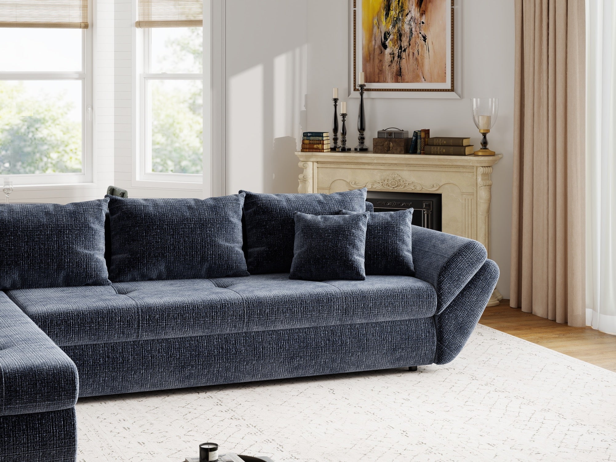 Colțar extensibil dumonde cu ladă de depozitare si sezut confortabil din spuma high-density, Loana XL Cremona Albastru 335x185 cm