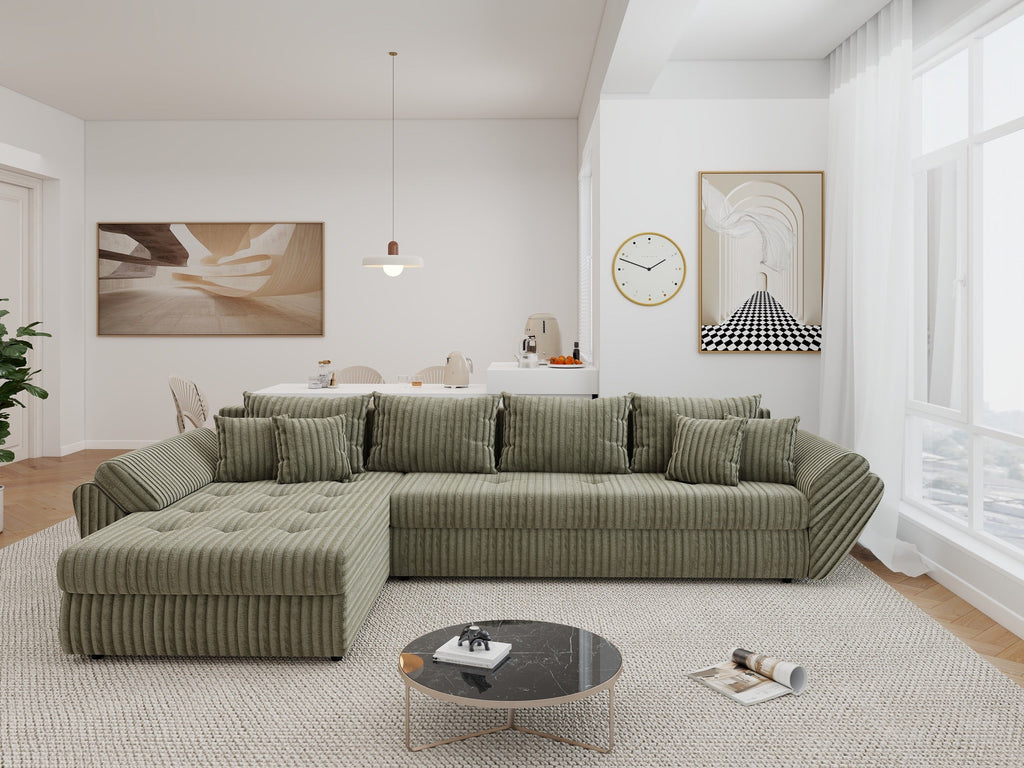 Colțar extensibil dumonde cu ladă de depozitare si sezut confortabil din spuma high-density, Loana XL Tilia Verde Olive 335x185 cm