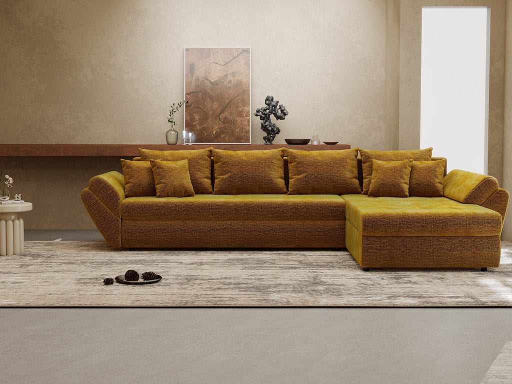 Colțar extensibil dumonde cu ladă de depozitare si sezut confortabil din spuma high-density, Loana XL Monolith Mustar II 335x185 cm