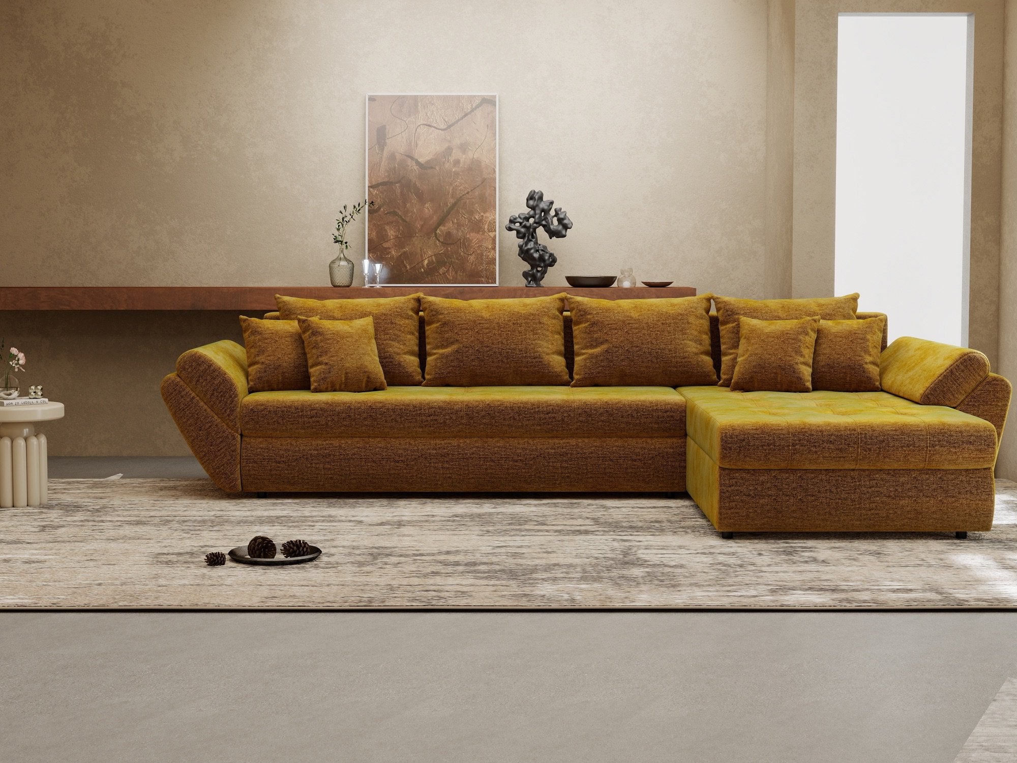 Colțar extensibil dumonde cu ladă de depozitare si sezut confortabil din spuma high-density, Loana XL Monolith Mustar II 335x185 cm