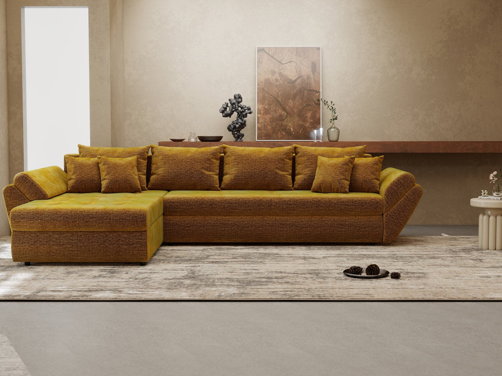 Colțar extensibil dumonde cu ladă de depozitare si sezut confortabil din spuma high-density, Loana XL Monolith Mustar 335x185 cm