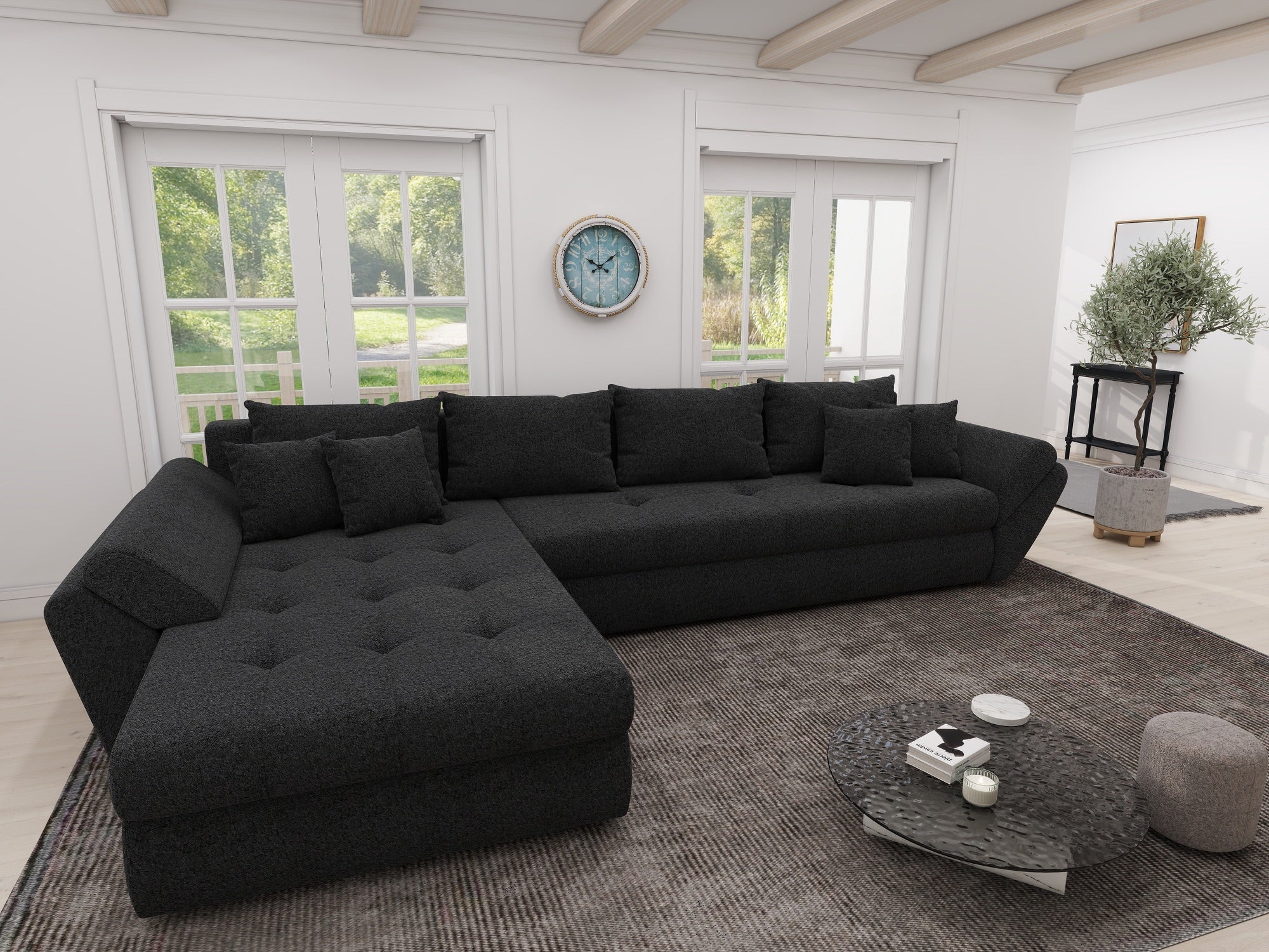 Colțar extensibil dumonde cu ladă de depozitare si sezut confortabil din spuma high-density, Loana XL Quelle Negru 335x185 cm