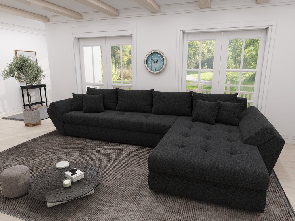 Colțar extensibil dumonde cu ladă de depozitare si sezut confortabil din spuma high-density, Loana XL Quelle Negru II 335x185 cm