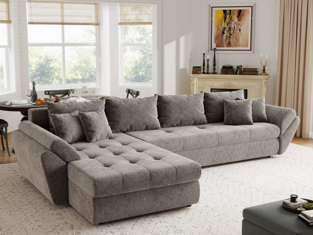 Colțar extensibil dumonde cu ladă de depozitare si sezut confortabil din spuma high-density, Loana XL Arena Taupe 335x185 cm