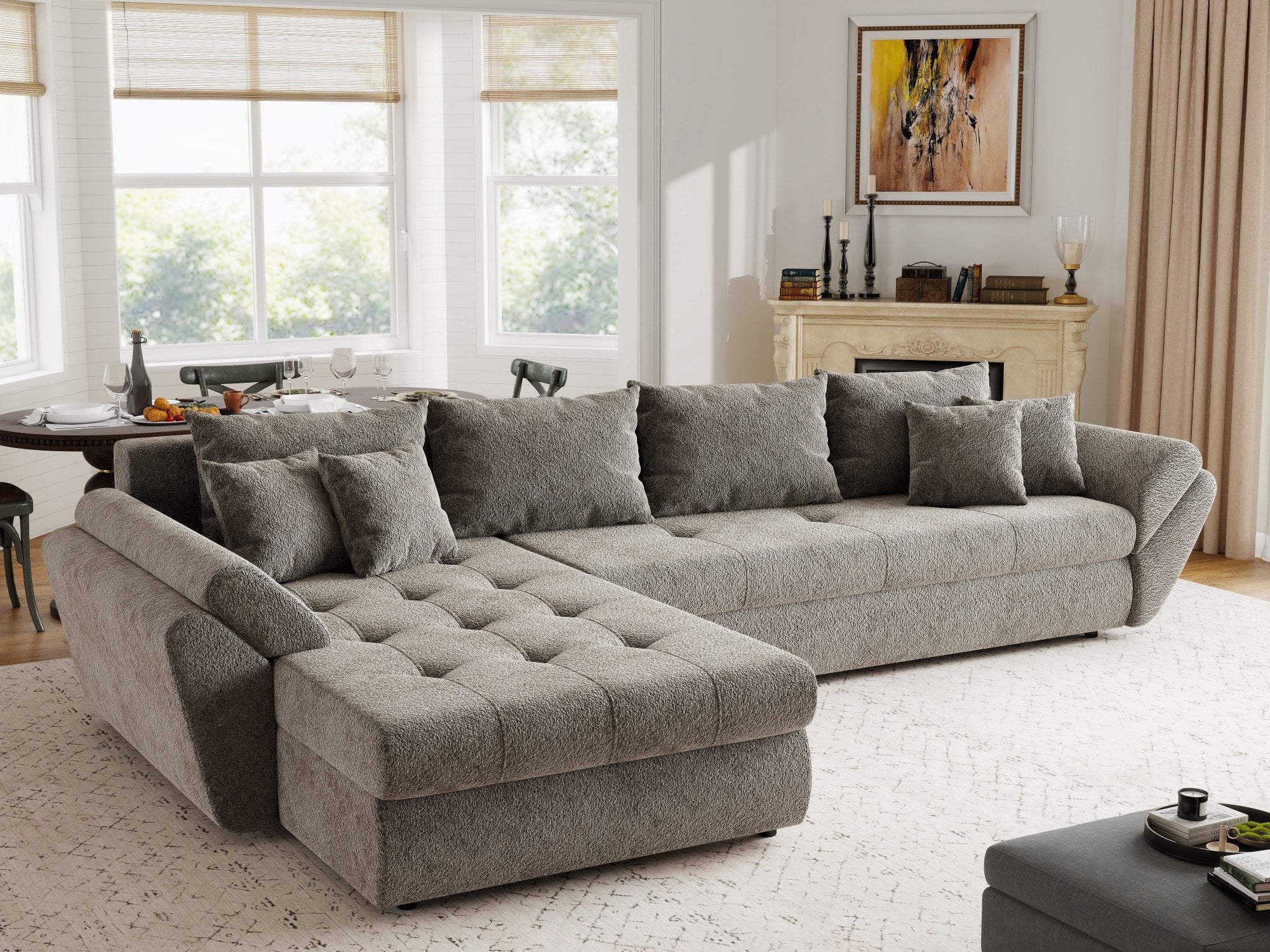 Colțar extensibil dumonde cu ladă de depozitare si sezut confortabil din spuma high-density, Loana XL Arena Taupe 335x185 cm