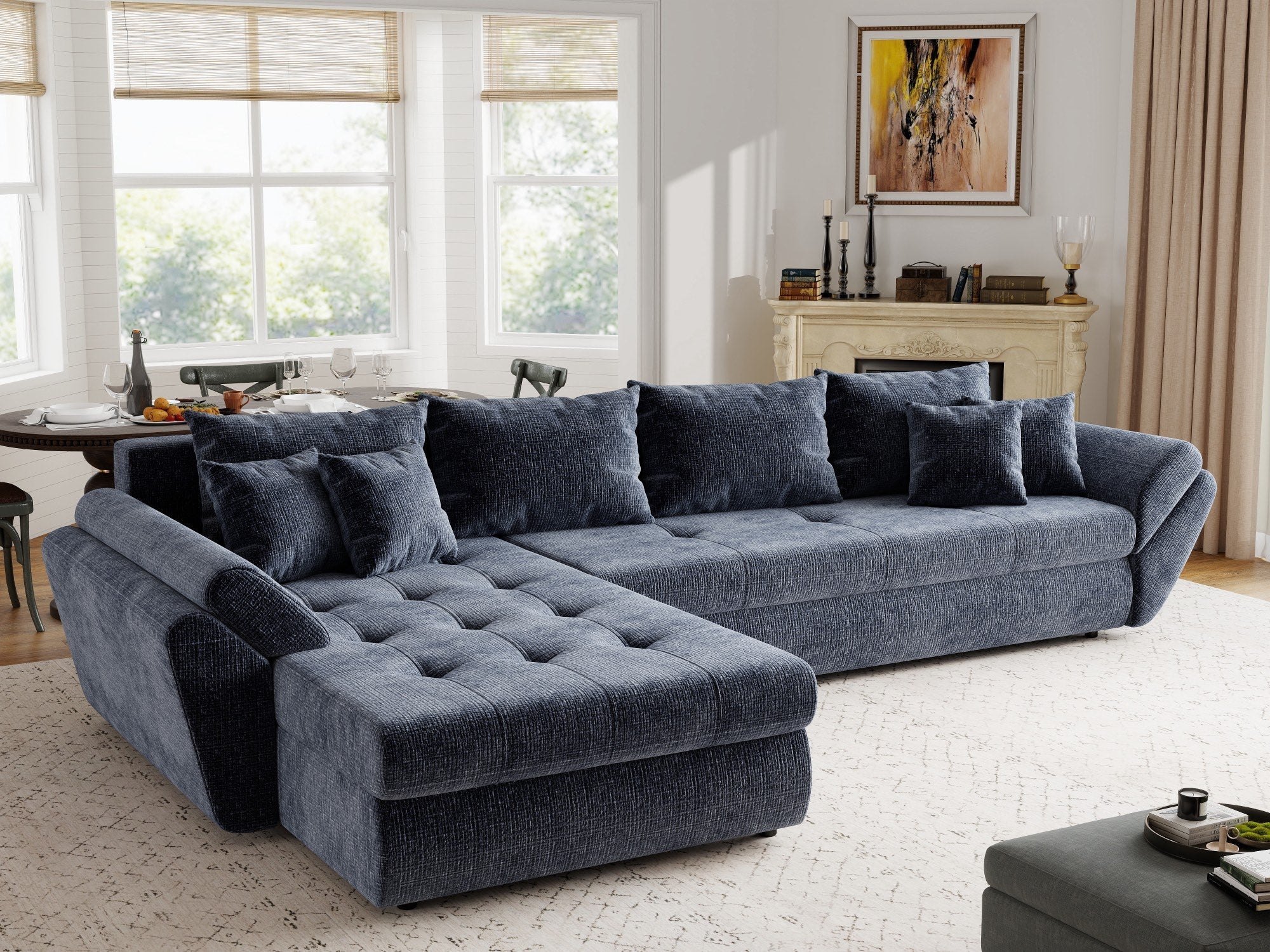 Colțar extensibil dumonde cu ladă de depozitare si sezut confortabil din spuma high-density, Loana XL Cremona Albastru 335x185 cm