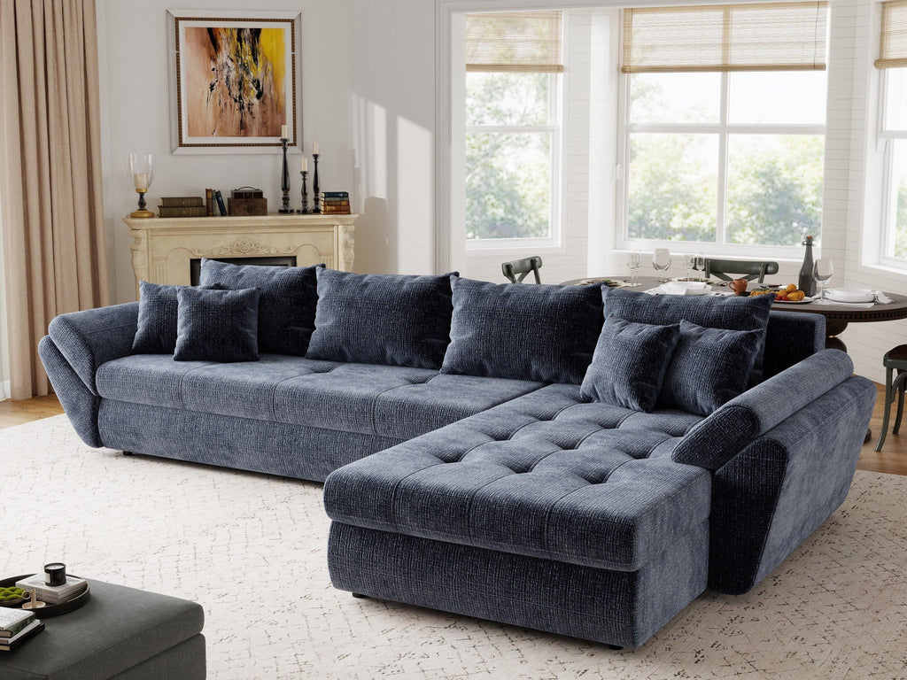 Colțar extensibil dumonde cu ladă de depozitare si sezut confortabil din spuma high-density, Loana XL Cremona Albastru II 335x185 cm
