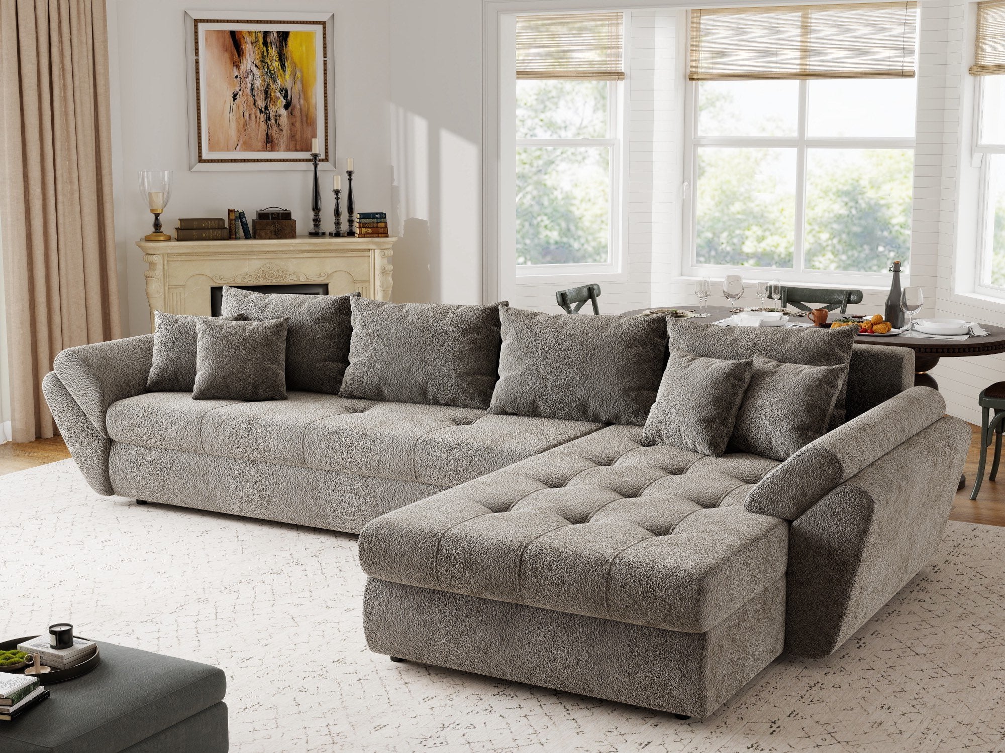 Colțar extensibil dumonde cu ladă de depozitare si sezut confortabil din spuma high-density, Loana XL Arena Taupe II 335x185 cm