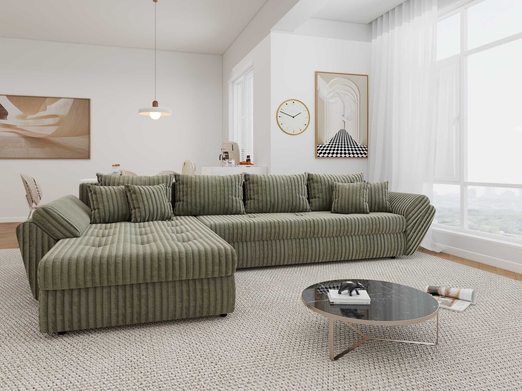 Colțar extensibil dumonde cu ladă de depozitare si sezut confortabil din spuma high-density, Loana XL Tilia Verde Olive 335x185 cm