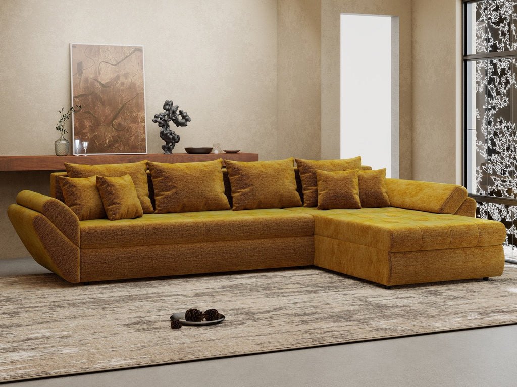 Colțar extensibil dumonde cu ladă de depozitare si sezut confortabil din spuma high-density, Loana XL Monolith Mustar II 335x185 cm