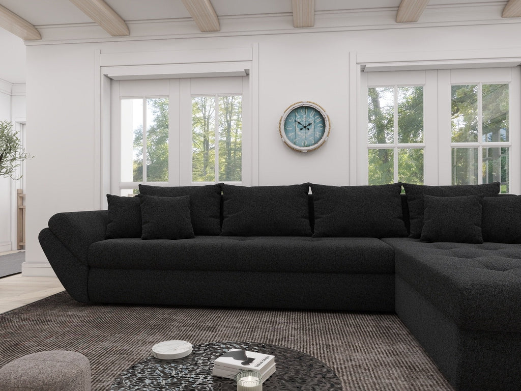 Colțar extensibil dumonde cu ladă de depozitare si sezut confortabil din spuma high-density, Loana XL Quelle Negru II 335x185 cm