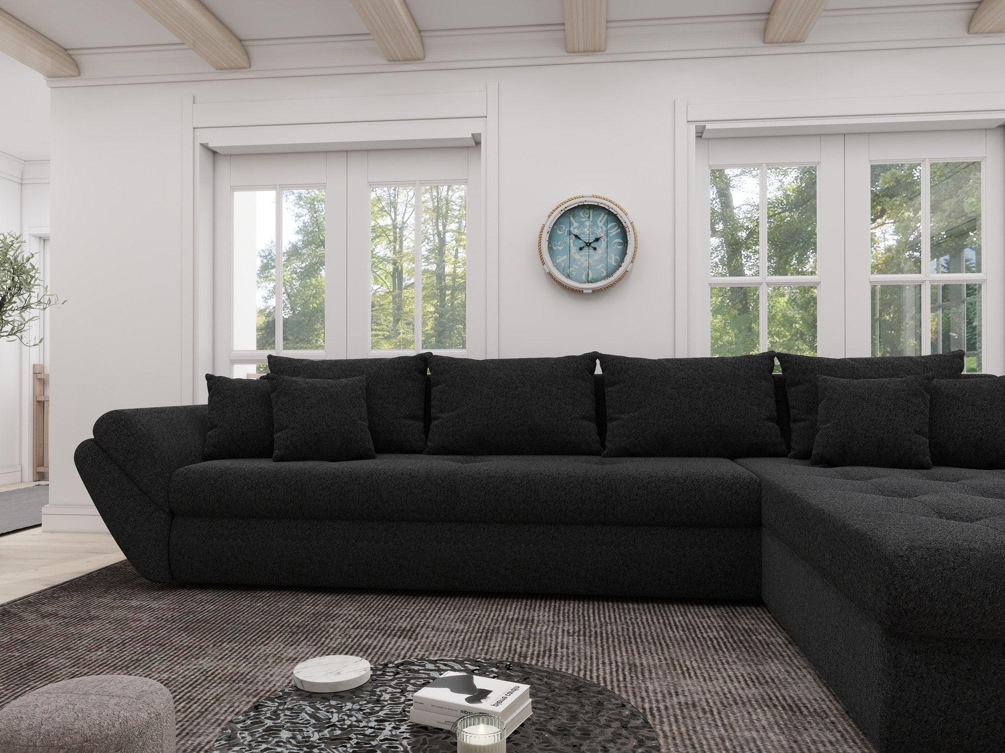 Colțar extensibil dumonde cu ladă de depozitare si sezut confortabil din spuma high-density, Loana XL Quelle Negru II 335x185 cm
