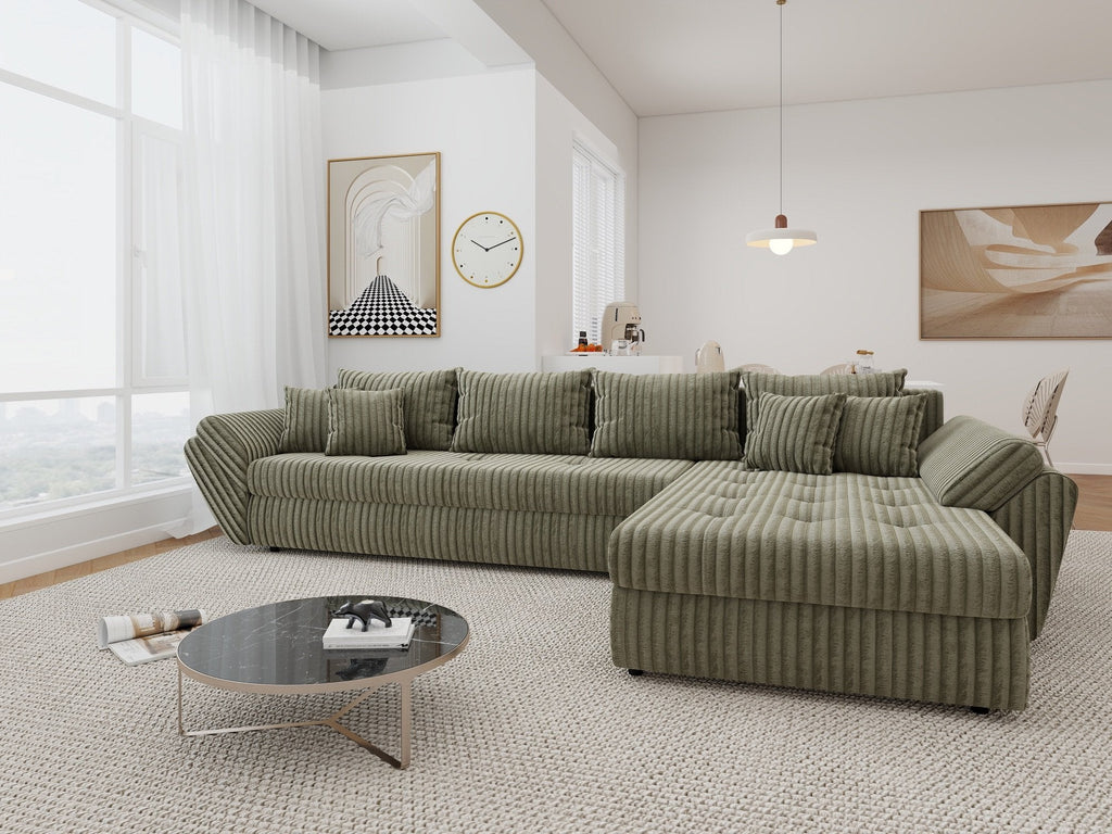 Colțar extensibil dumonde cu ladă de depozitare si sezut confortabil din spuma high-density, Loana XL Tilia Verde Olive II 335x185 cm