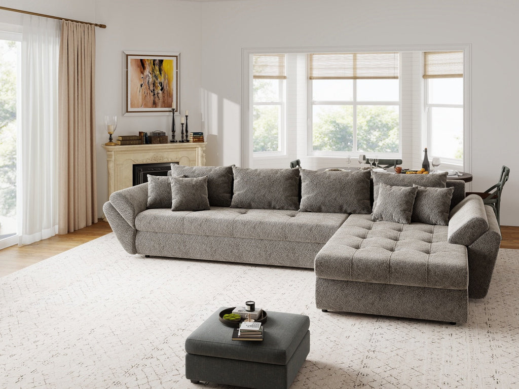 Colțar extensibil dumonde cu ladă de depozitare si sezut confortabil din spuma high-density, Loana XL Arena Taupe II 335x185 cm