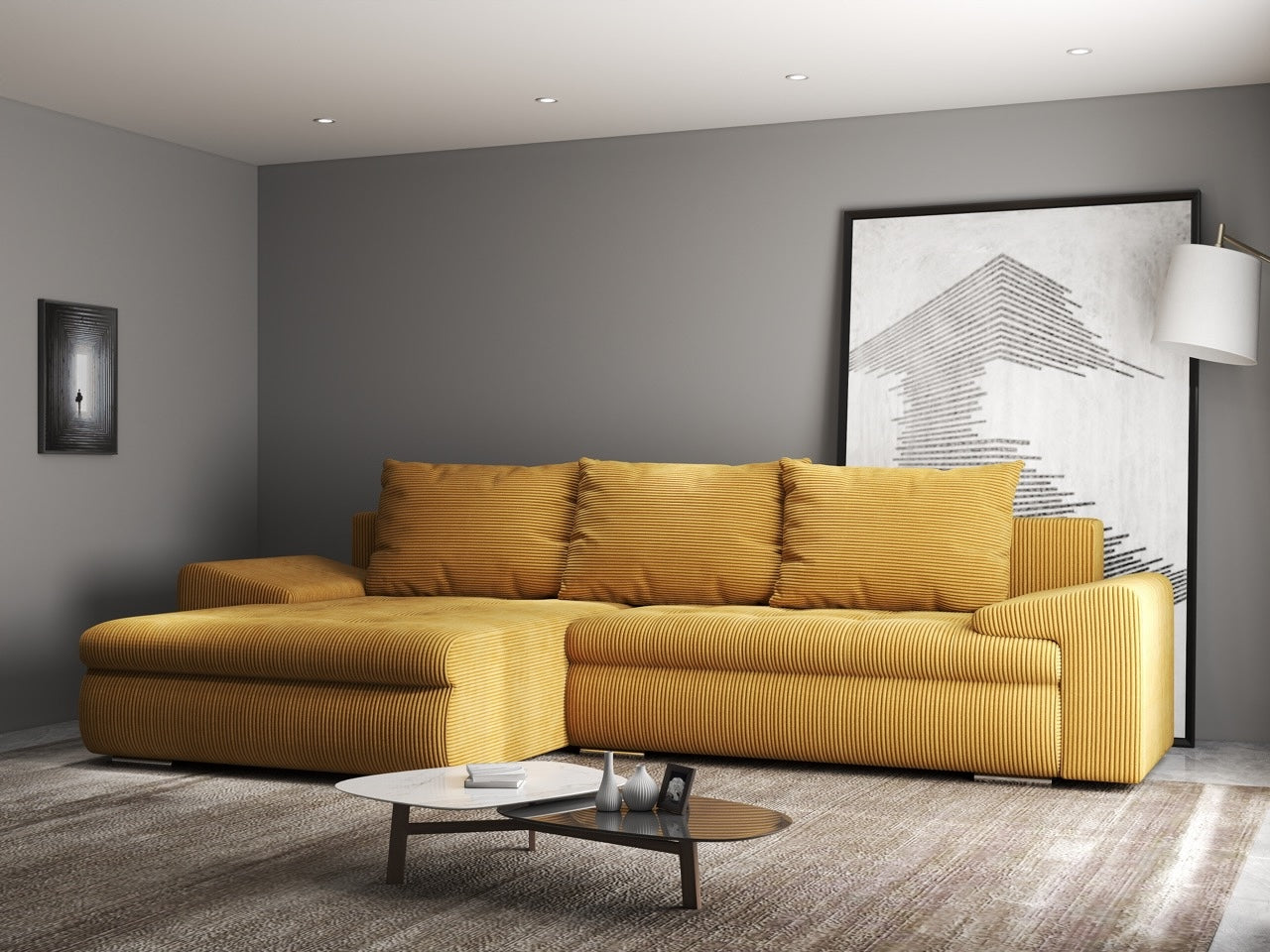 Colțar extensibil dumonde cu ladă de depozitare si sezut confortabil din spuma high-density, Leonardo Zoom Mustar 260x185 cm