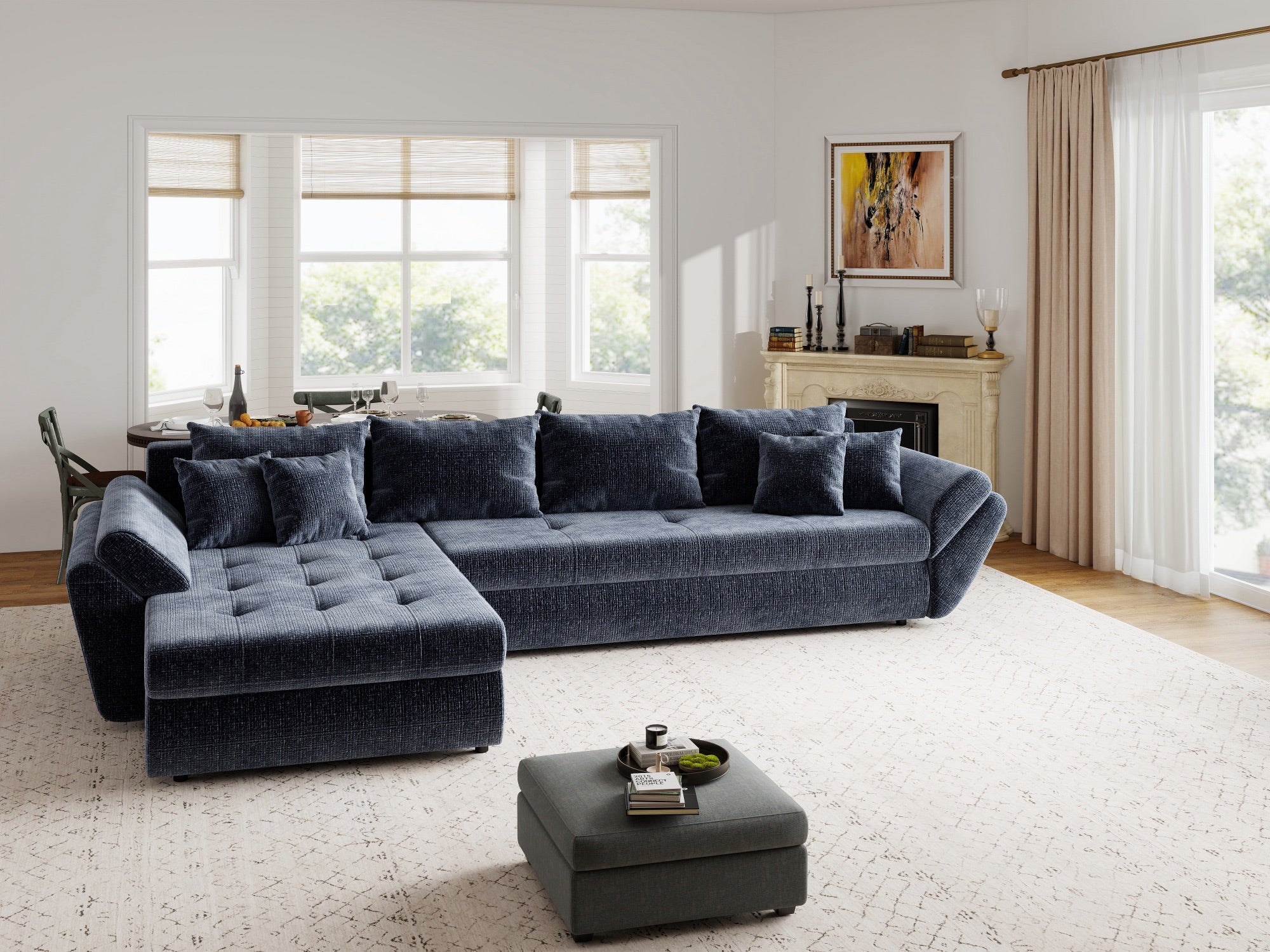 Colțar extensibil dumonde cu ladă de depozitare si sezut confortabil din spuma high-density, Loana XL Cremona Albastru 335x185 cm