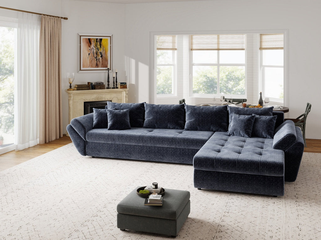 Colțar extensibil dumonde cu ladă de depozitare si sezut confortabil din spuma high-density, Loana XL Cremona Albastru II 335x185 cm