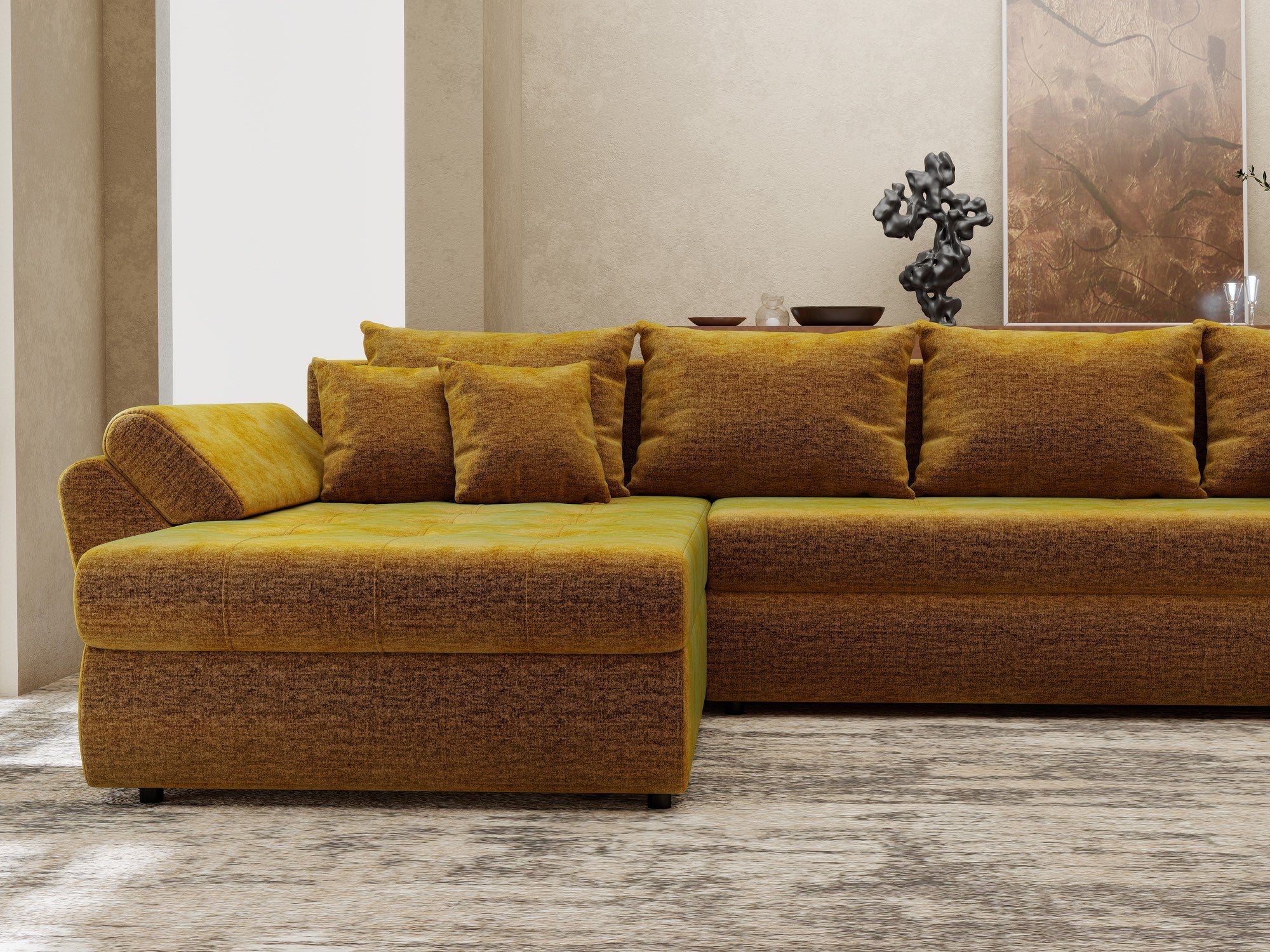 Colțar extensibil dumonde cu ladă de depozitare si sezut confortabil din spuma high-density, Loana XL Monolith Mustar 335x185 cm