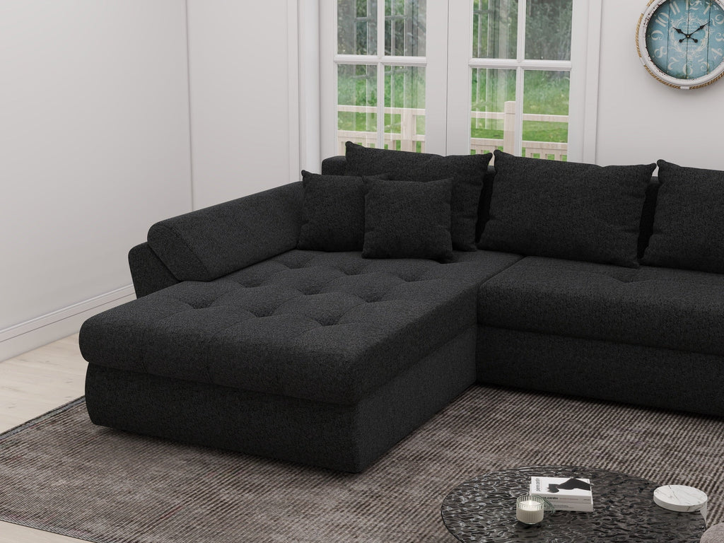 Colțar extensibil dumonde cu ladă de depozitare si sezut confortabil din spuma high-density, Loana XL Quelle Negru 335x185 cm