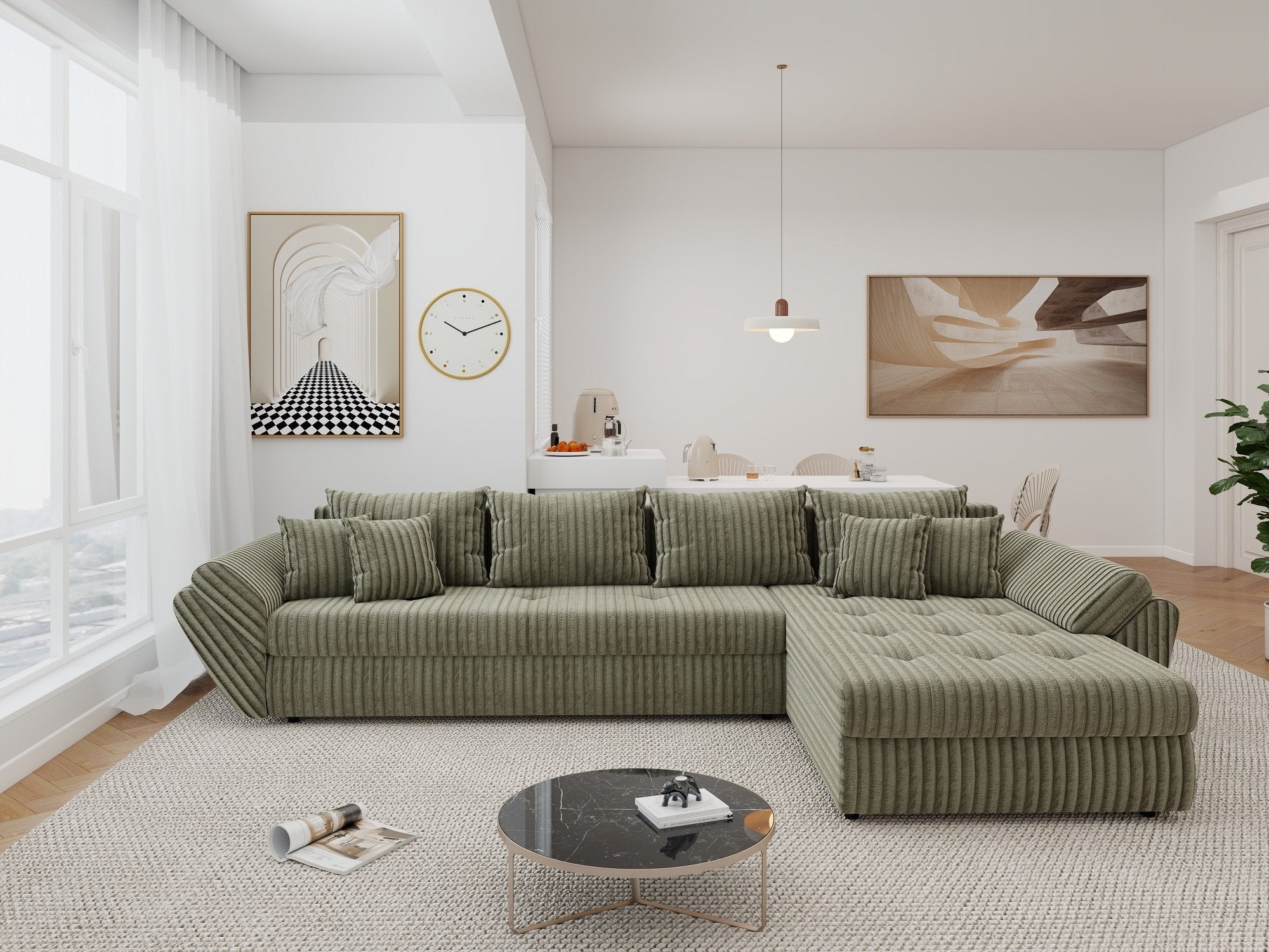 Colțar extensibil dumonde cu ladă de depozitare si sezut confortabil din spuma high-density, Loana XL Tilia Verde Olive II 335x185 cm