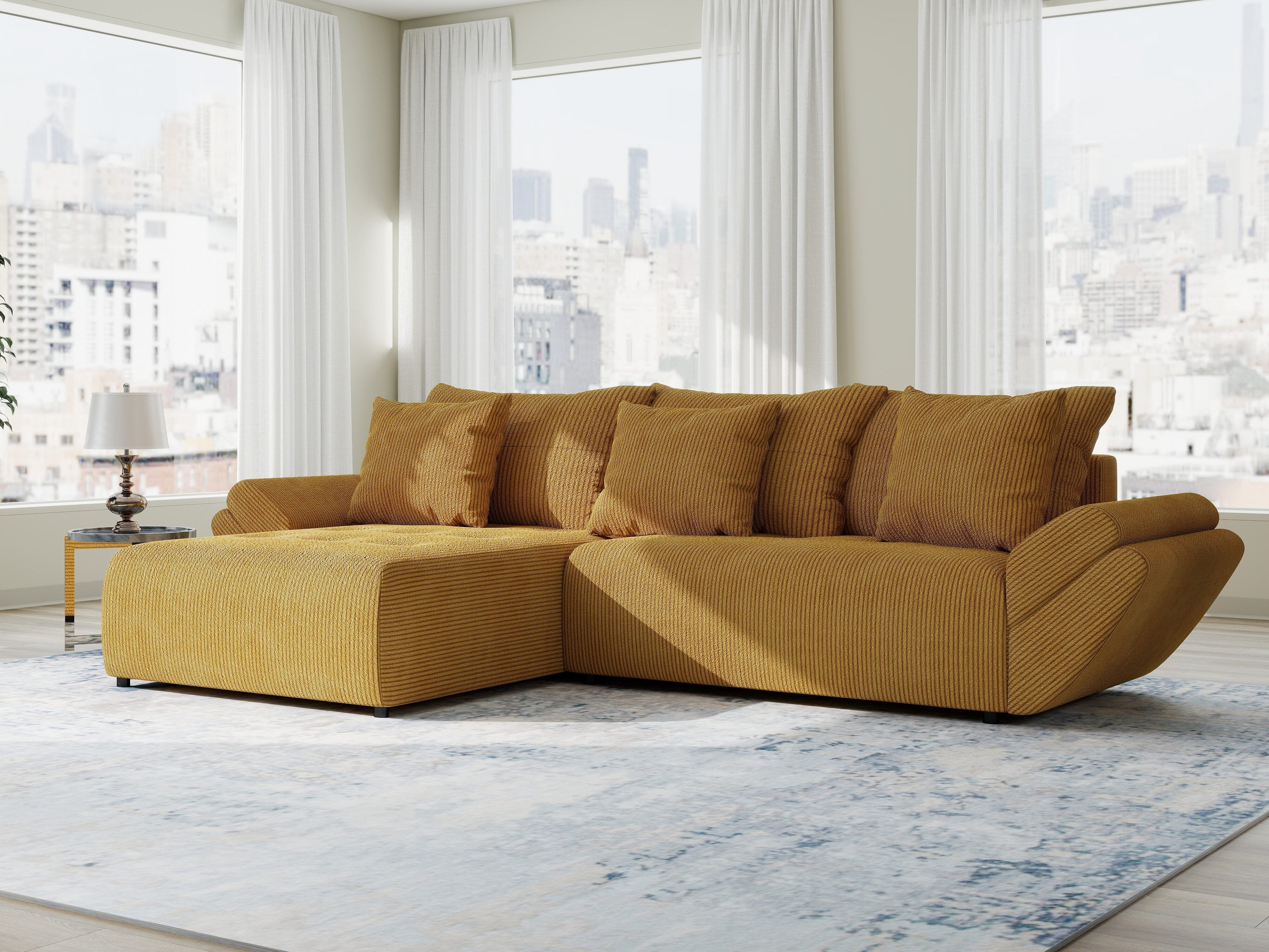 Colțar extensibil dumonde cu ladă de depozitare si sezut confortabil din spuma high-density, Berlin Zoom Mustrar 280x185 cm