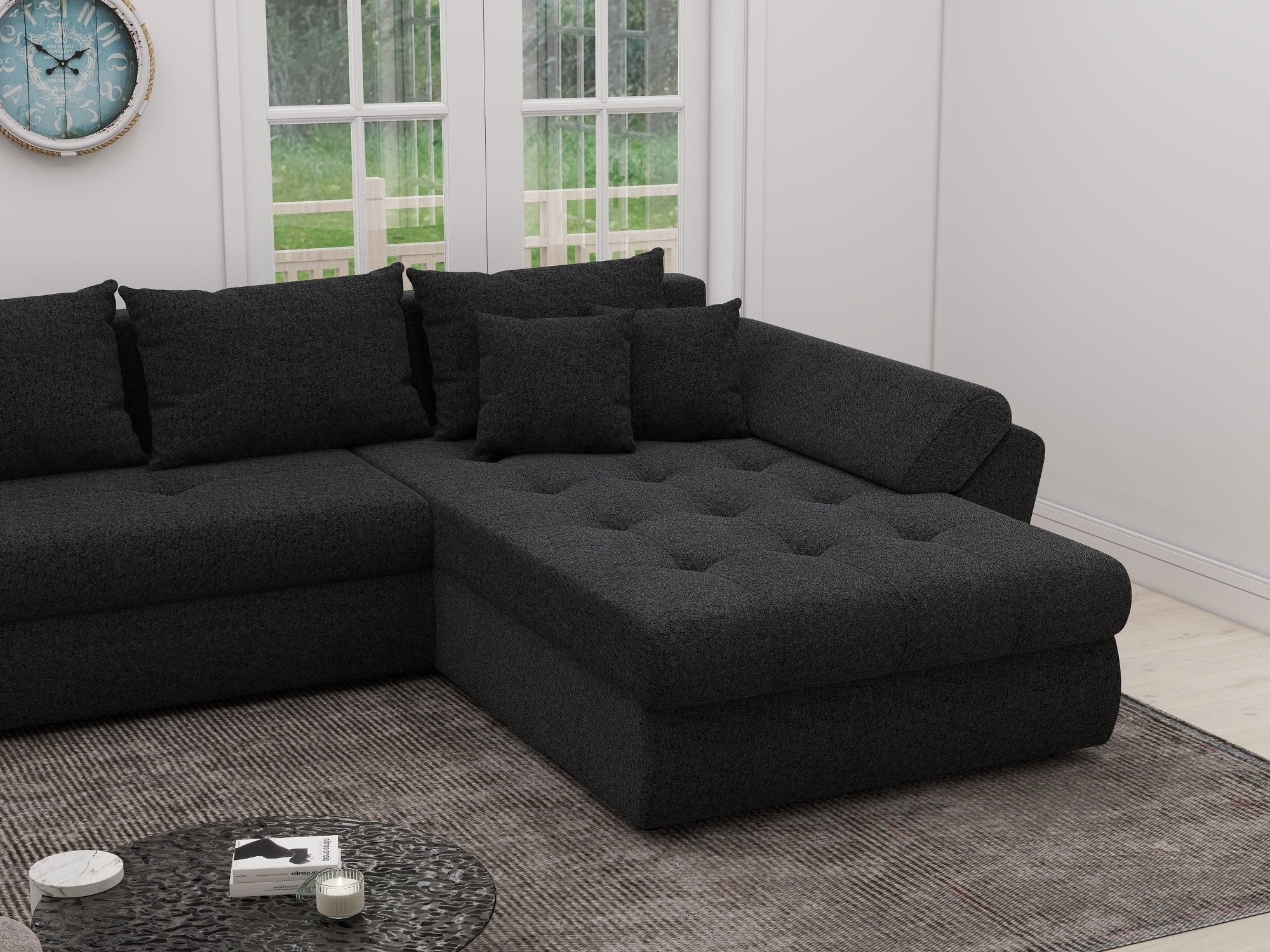Colțar extensibil dumonde cu ladă de depozitare si sezut confortabil din spuma high-density, Loana XL Quelle Negru II 335x185 cm