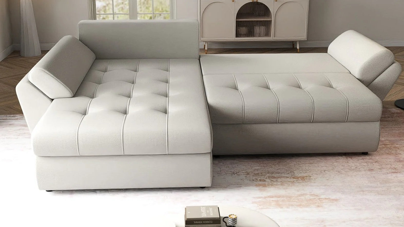 Colțar extensibil dumonde cu ladă de depozitare si sezut confortabil din spuma high-density, Loana Enjoy Bej 270x185 cm
