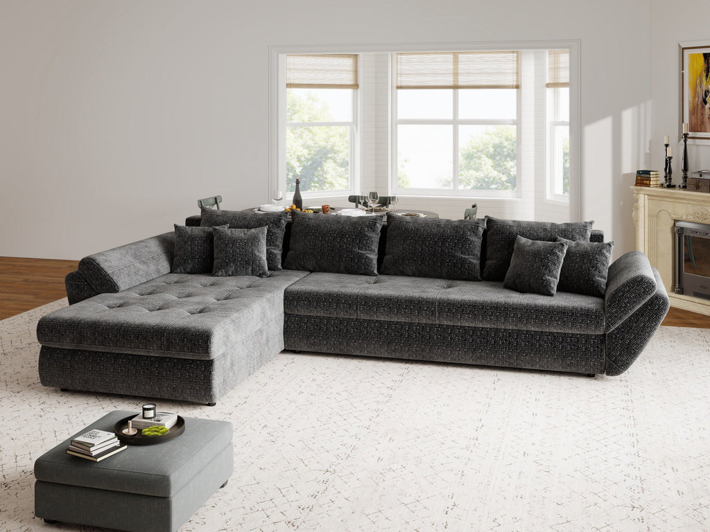 Colțar extensibil dumonde cu ladă de depozitare si sezut confortabil din spuma high-density, Loana XL Cremona Gri Antracit 335x185 cm