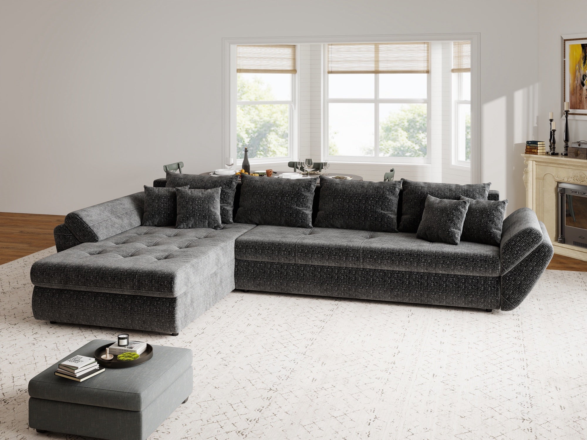 Colțar extensibil dumonde cu ladă de depozitare si sezut confortabil din spuma high-density, Loana XL Cremona Gri Antracit 335x185 cm