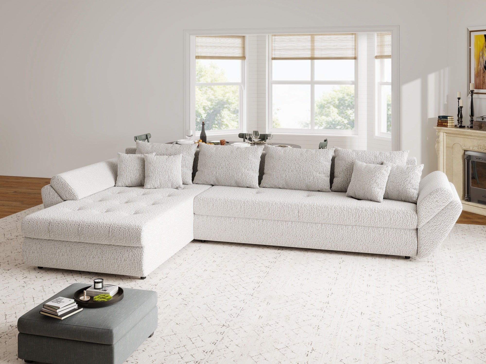 Colțar extensibil dumonde cu ladă de depozitare si sezut confortabil din spuma high-density, Loana XL Jaguar Gri 335x185 cm