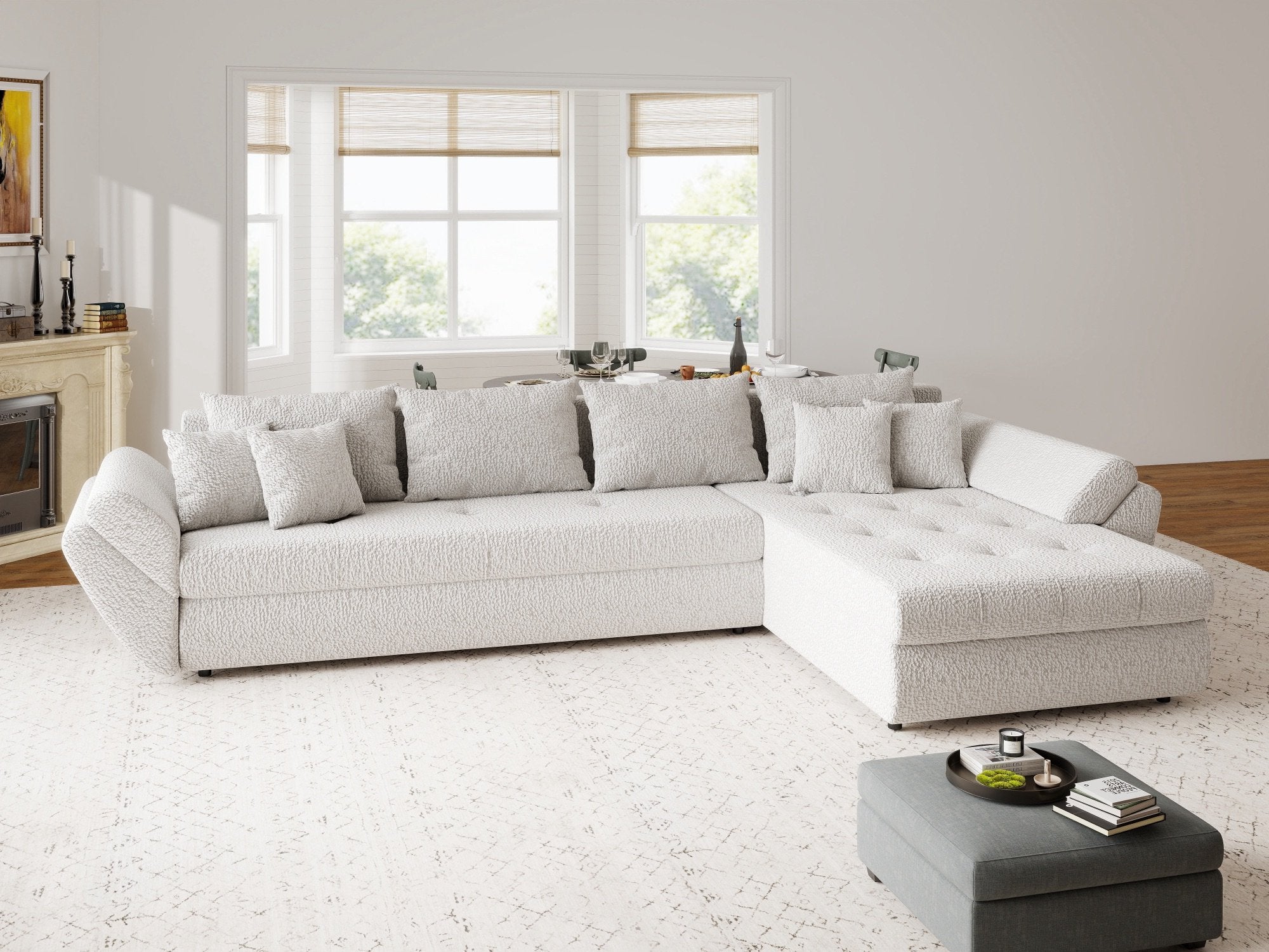 Colțar extensibil dumonde cu ladă de depozitare si sezut confortabil din spuma high-density, Loana XL Jaguar Gri II 335x185 cm