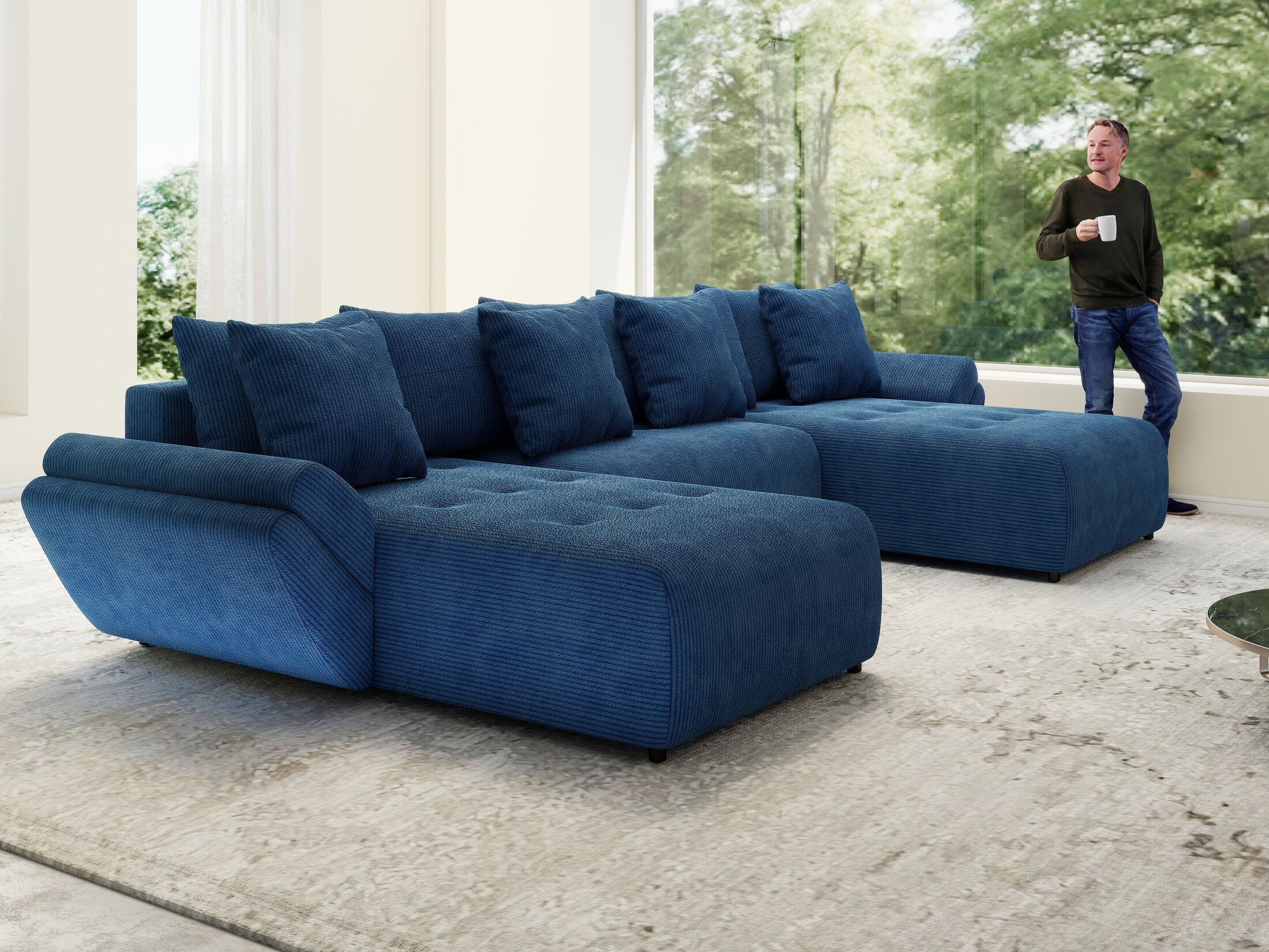 Colțar extensibil dumonde cu ladă de depozitare si sezut confortabil din spuma high-density, Berlin U Zoom Blue 380x180 cm
