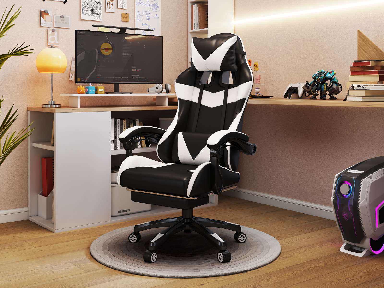 Scaun gaming Dumonde NOVA, mecanism multifuncțional, ecopiele, suport picioare, alb/negru
