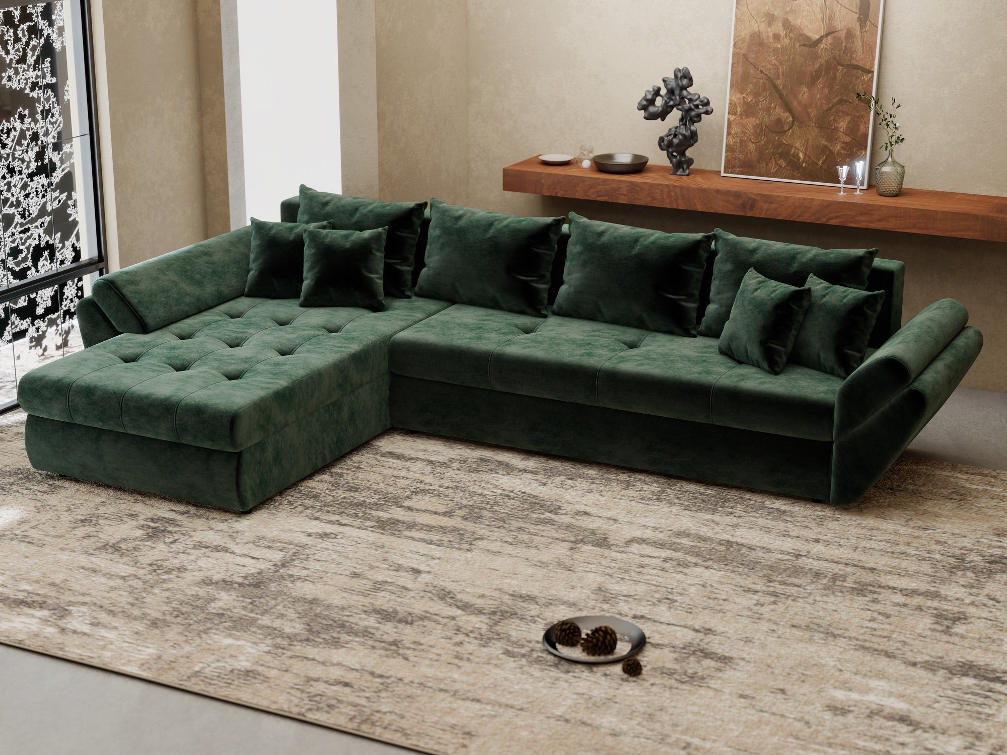 Colțar extensibil dumonde cu ladă de depozitare si sezut confortabil din spuma high-density, Loana XL Monolith Verde 335x185 cm