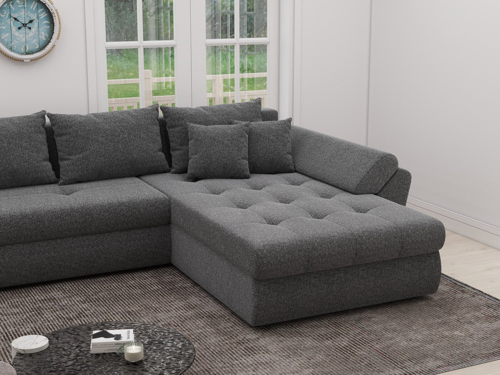Colțar extensibil dumonde cu ladă de depozitare si sezut confortabil din spuma high-density, Loana XL Monte Gri 90 II 335x185 cm