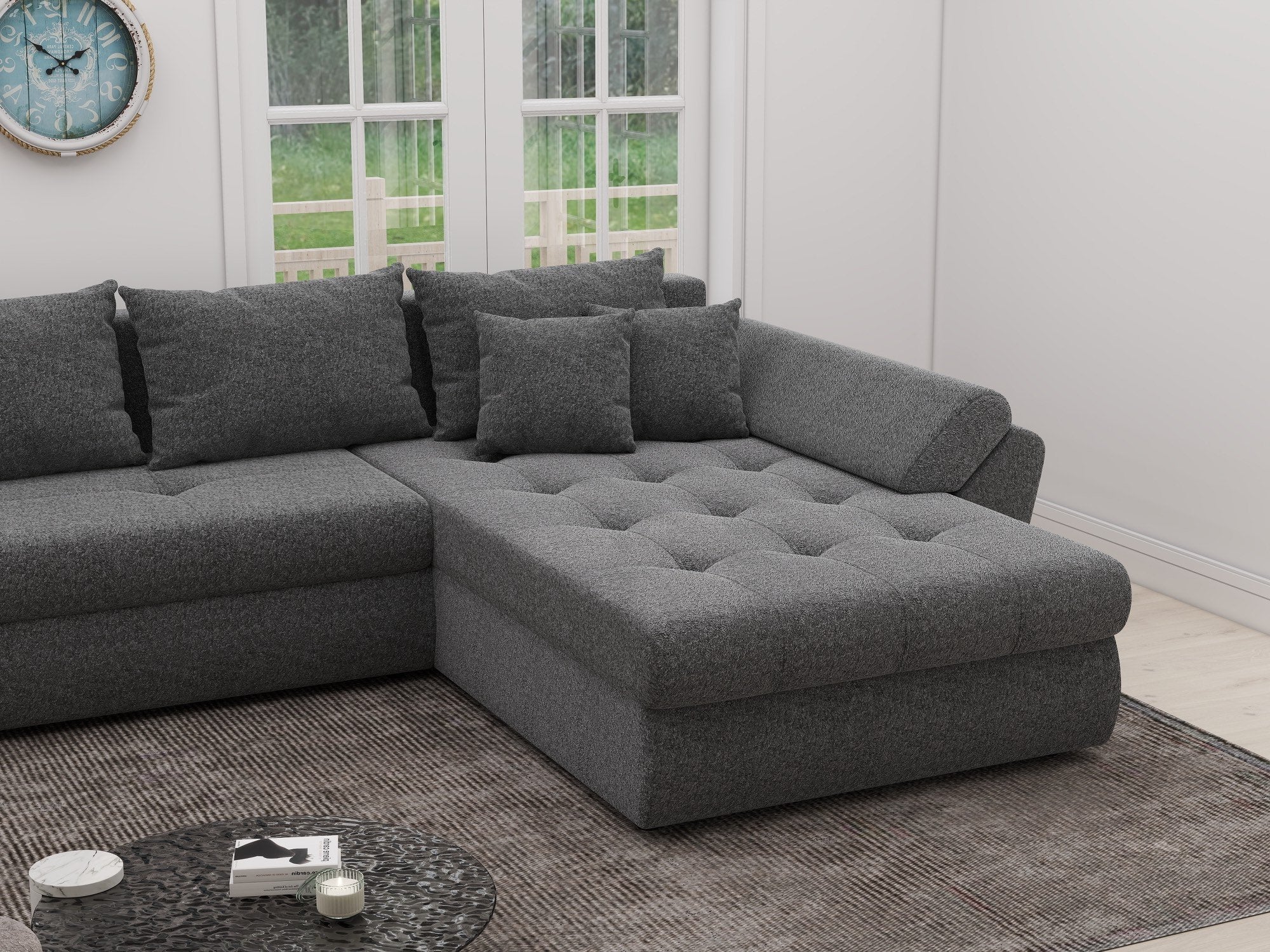 Colțar extensibil dumonde cu ladă de depozitare si sezut confortabil din spuma high-density, Loana XL Monte Gri 90 II 335x185 cm