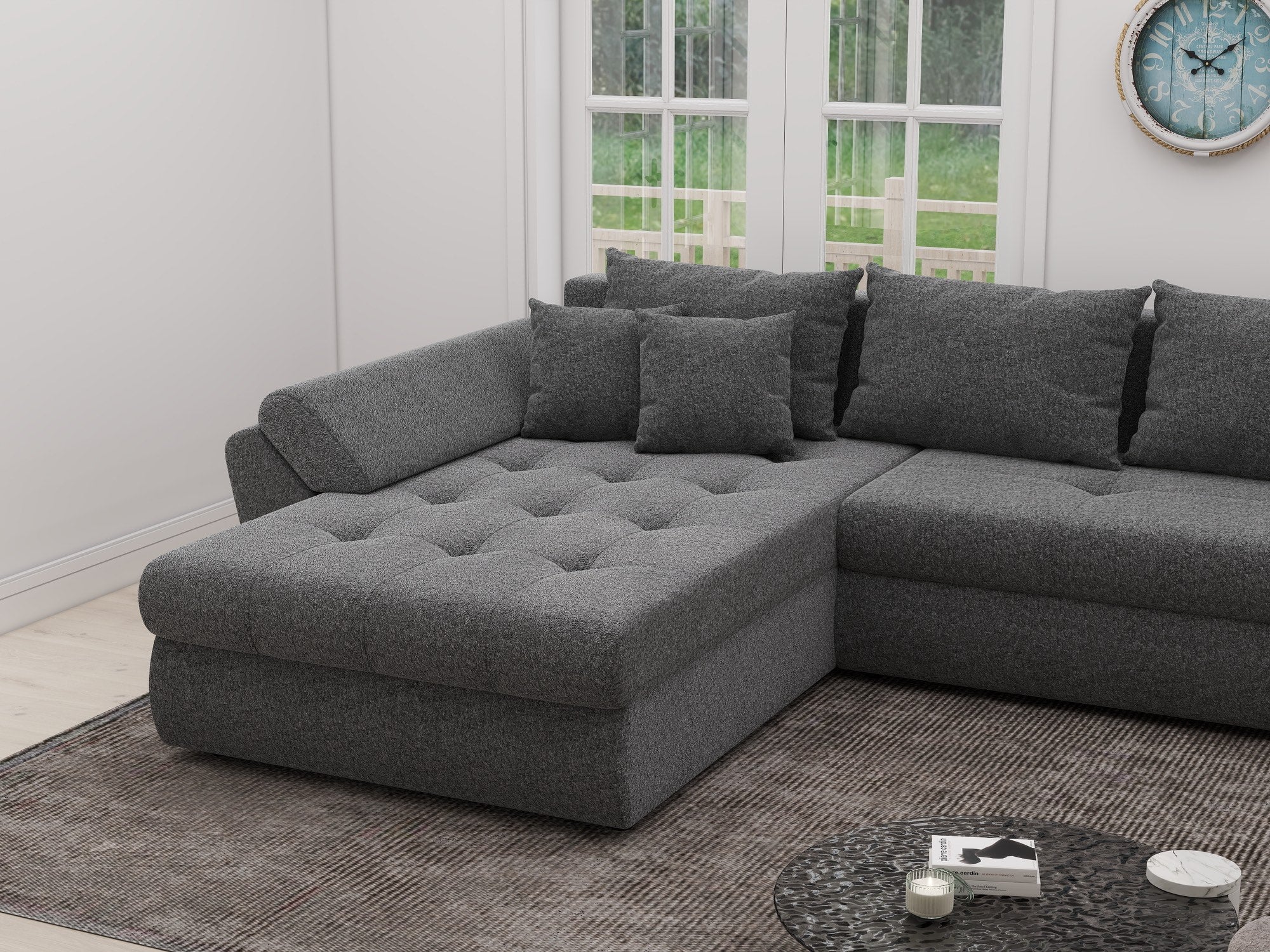 Colțar extensibil dumonde cu ladă de depozitare si sezut confortabil din spuma high-density, Loana XL Monte Gri 90 335x185 cm