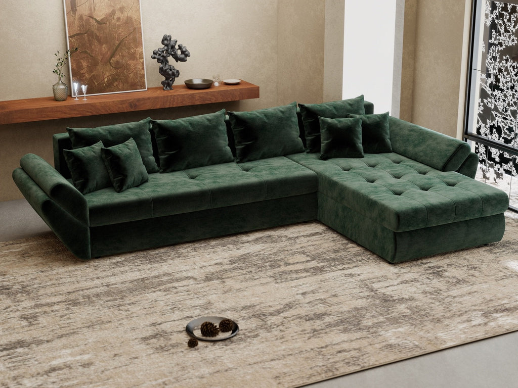 Colțar extensibil dumonde cu ladă de depozitare si sezut confortabil din spuma high-density, Loana XL Monolith Verde II 335x185 cm