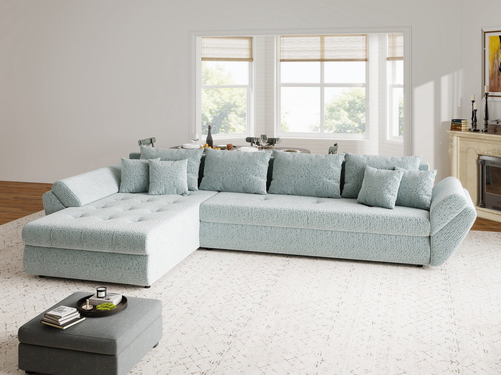 Colțar extensibil dumonde cu ladă de depozitare si sezut confortabil din spuma high-density, Loana XL Jaguar Verde Mint 335x185 cm