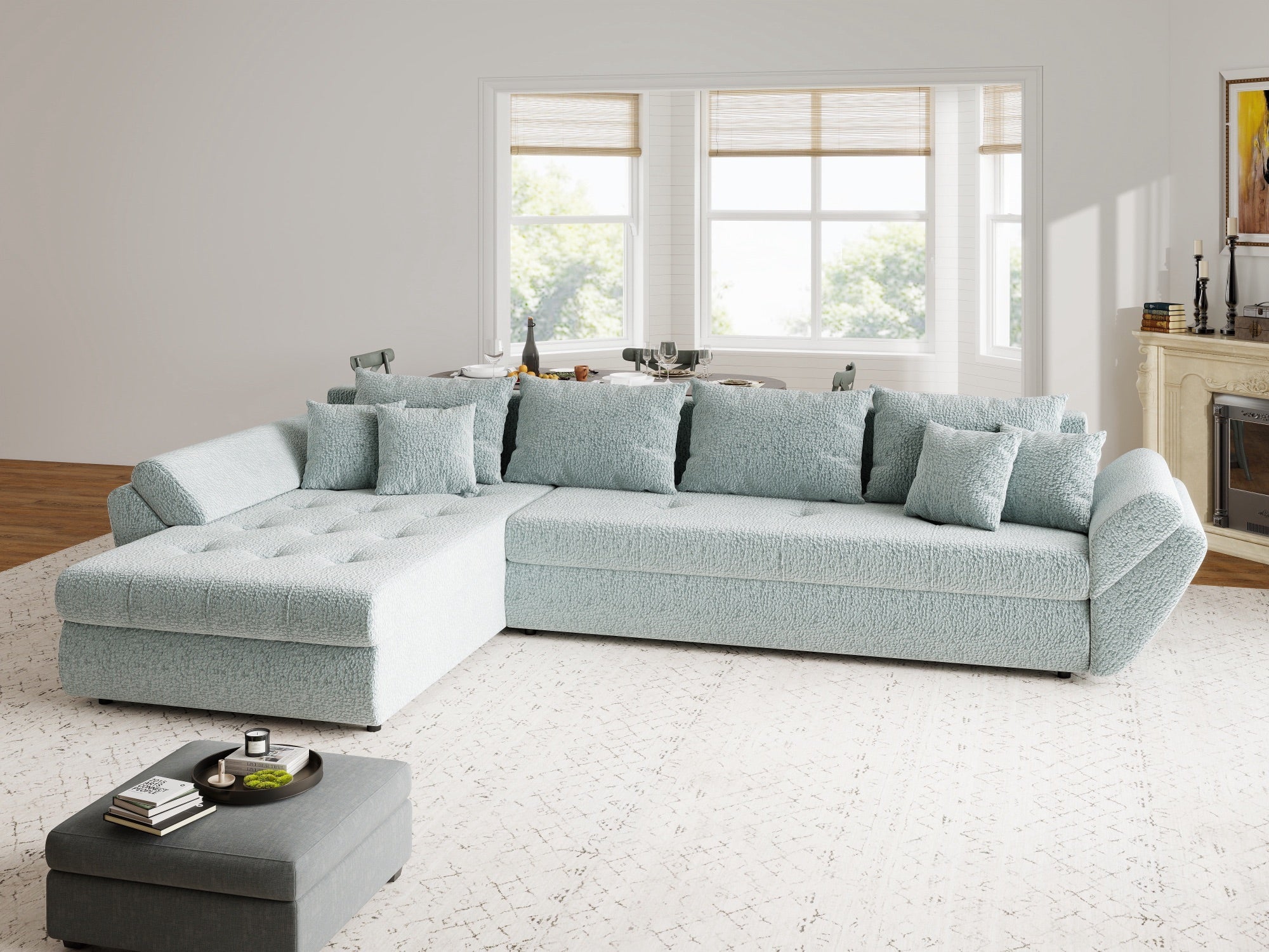 Colțar extensibil dumonde cu ladă de depozitare si sezut confortabil din spuma high-density, Loana XL Jaguar Verde Mint 335x185 cm